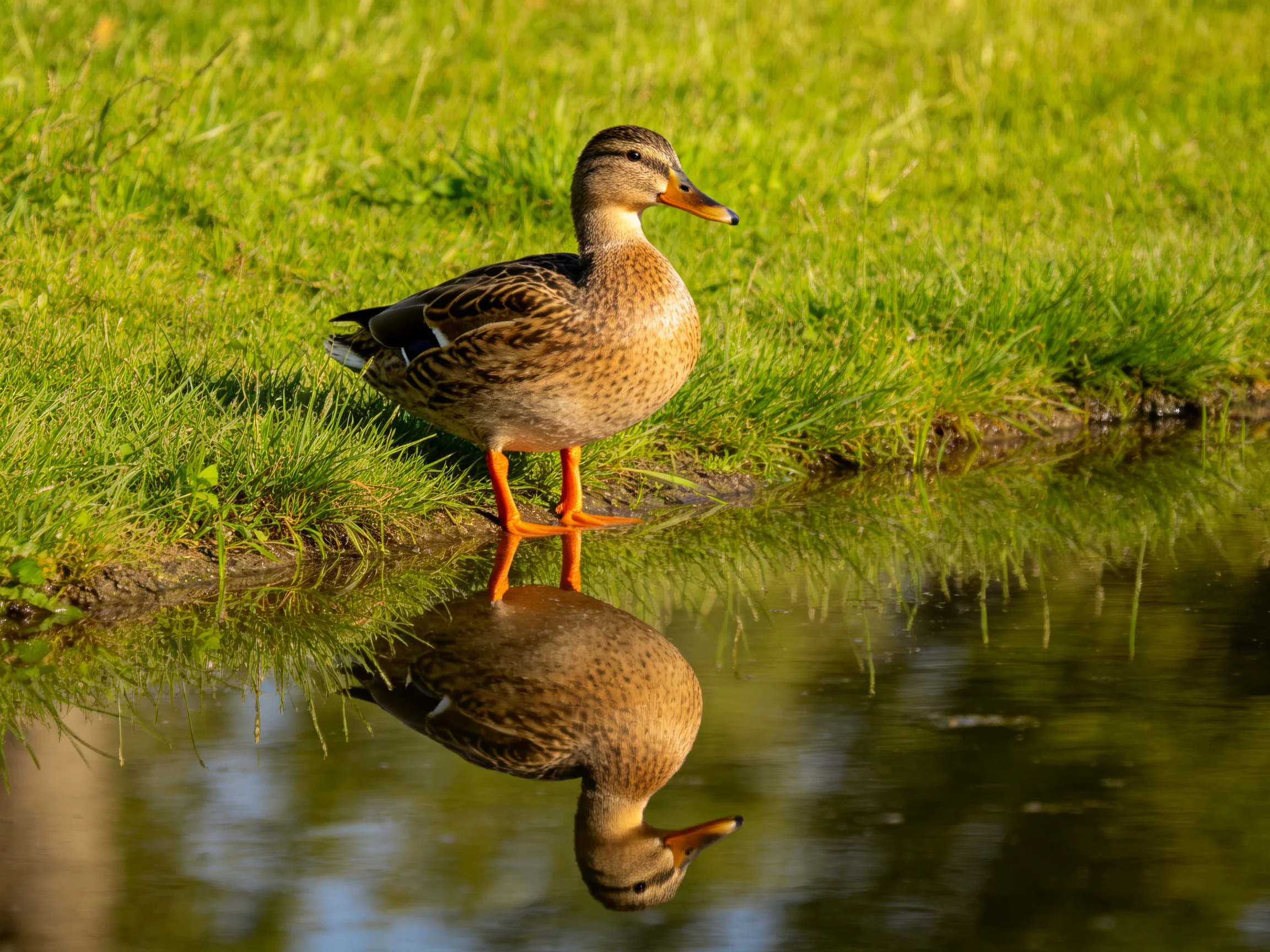 A brown duck stands by calm water with lush green grass