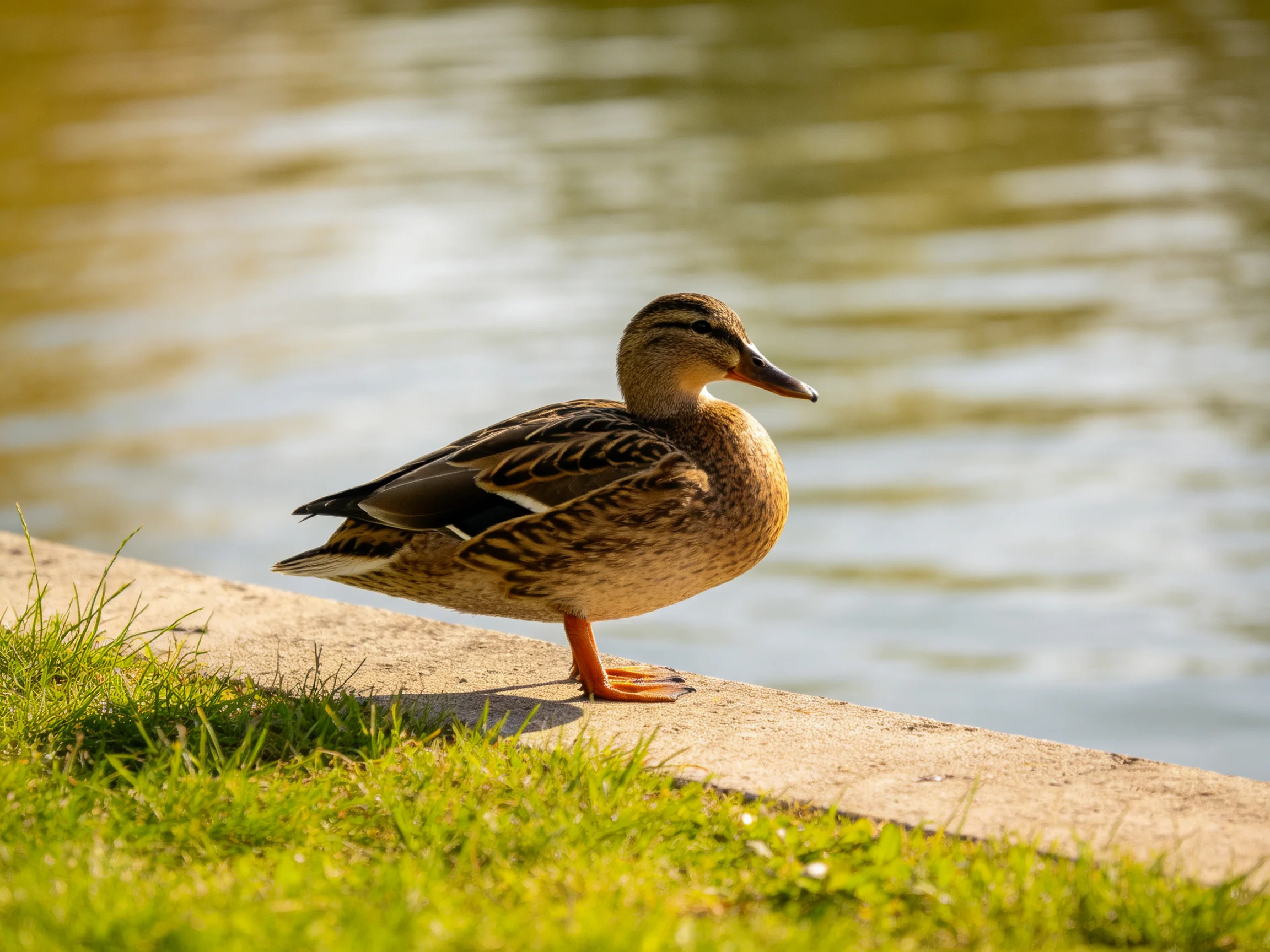 A brown duck stands on a concrete ledge by calm water