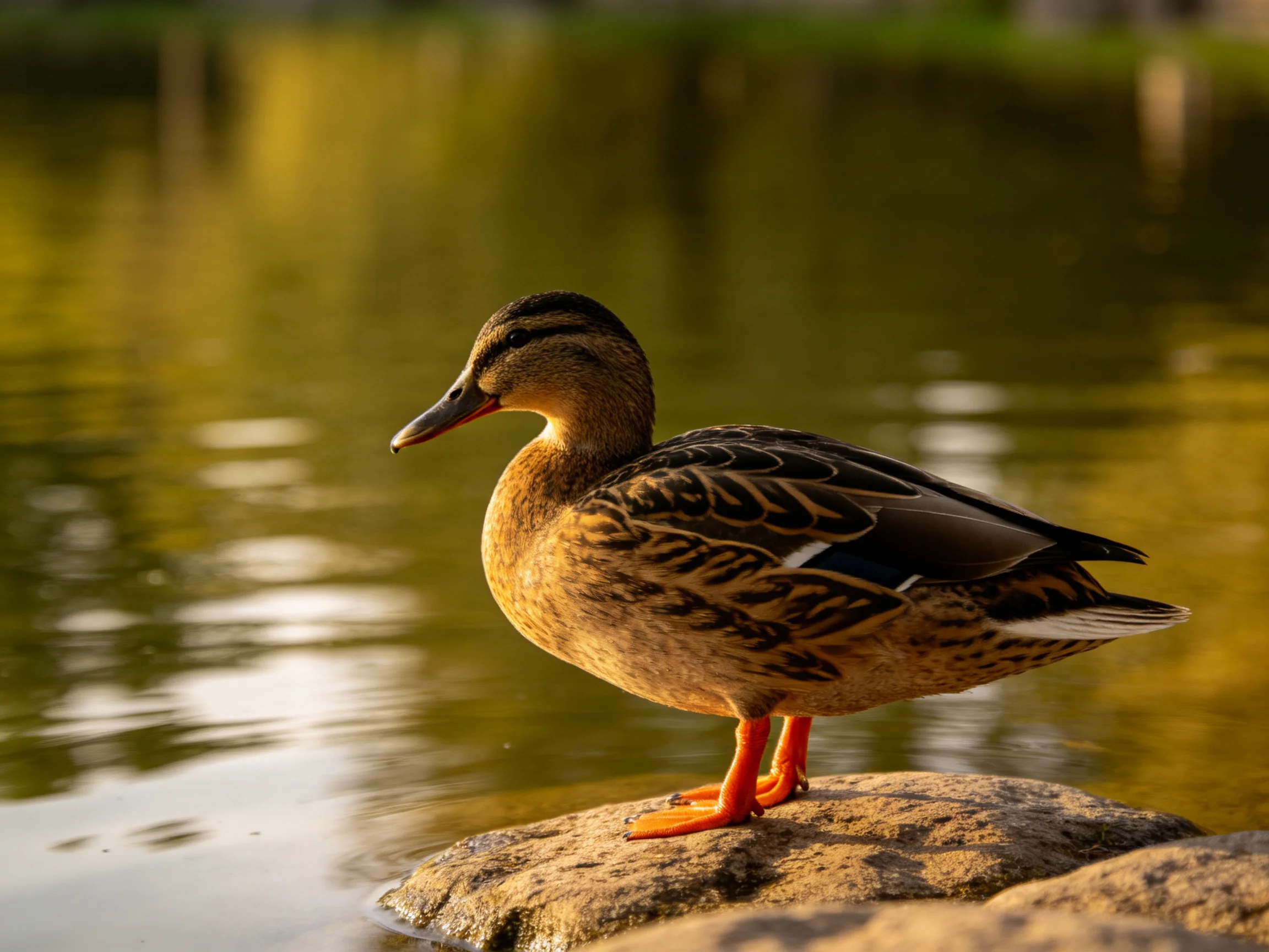 A brown duck stands on a rock by calm, golden water