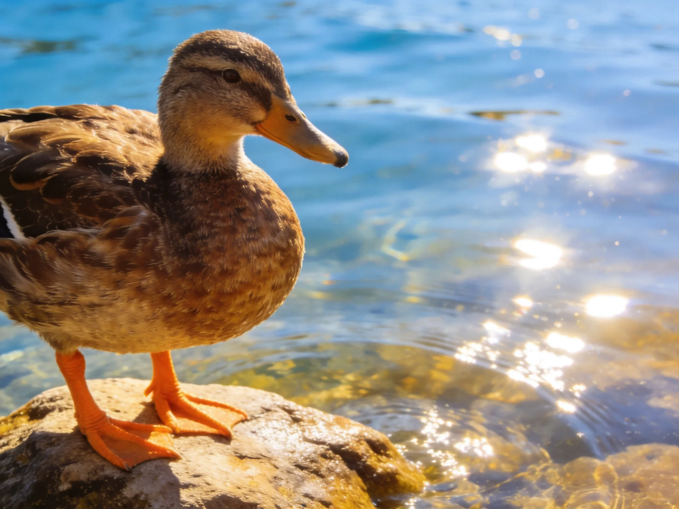 A brown duck stands on a rock by clear blue water