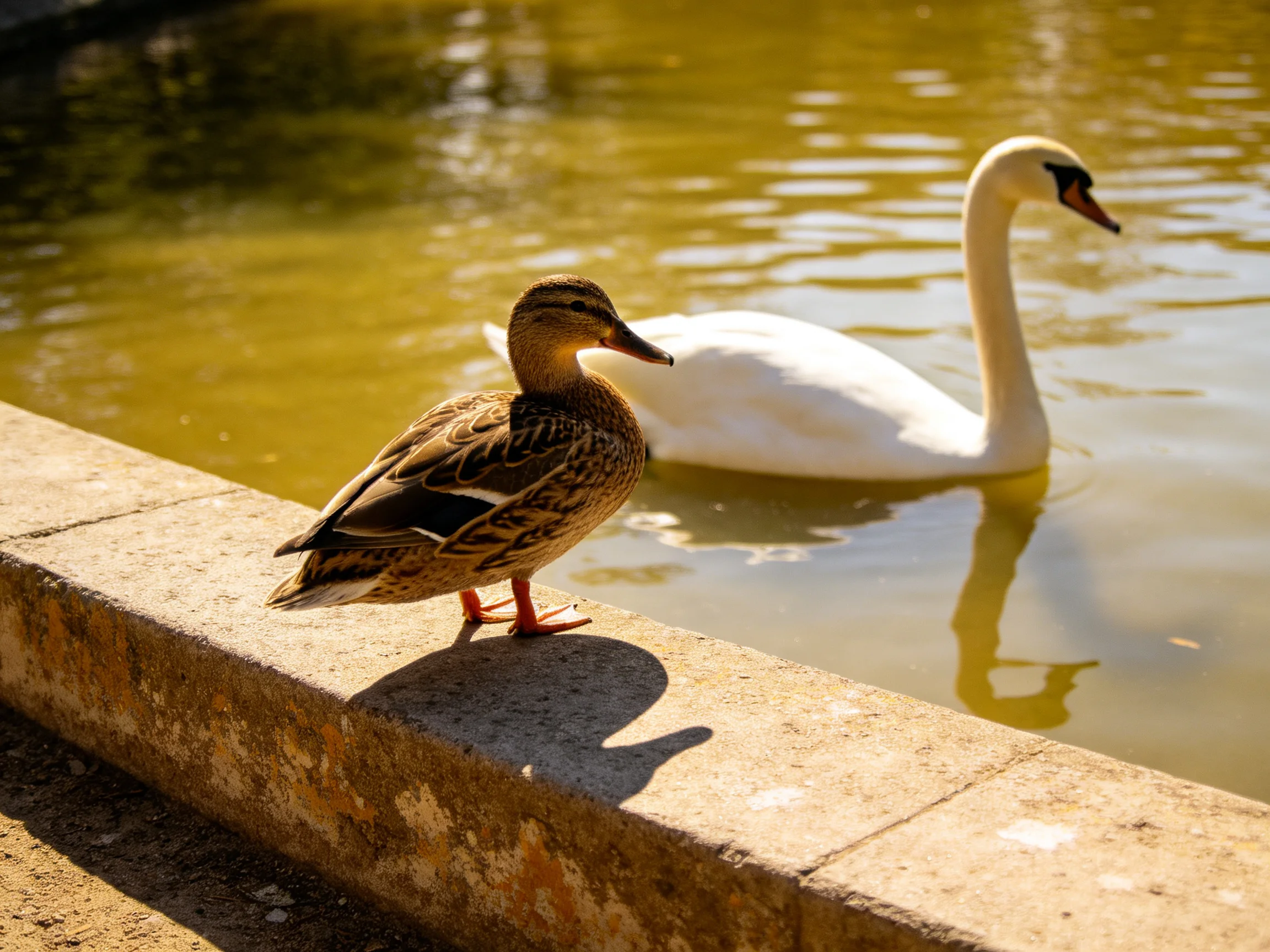 A brown duck stands on a stone ledge beside a white swan swimming in greenish water