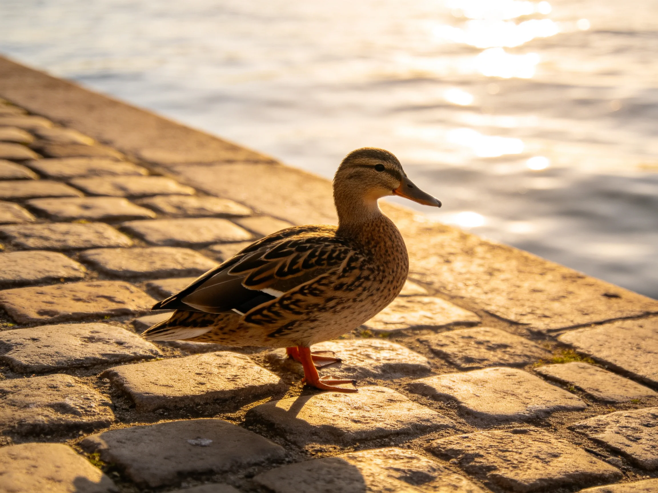 A brown duck stands on a sunlit cobblestone path by shimmering water