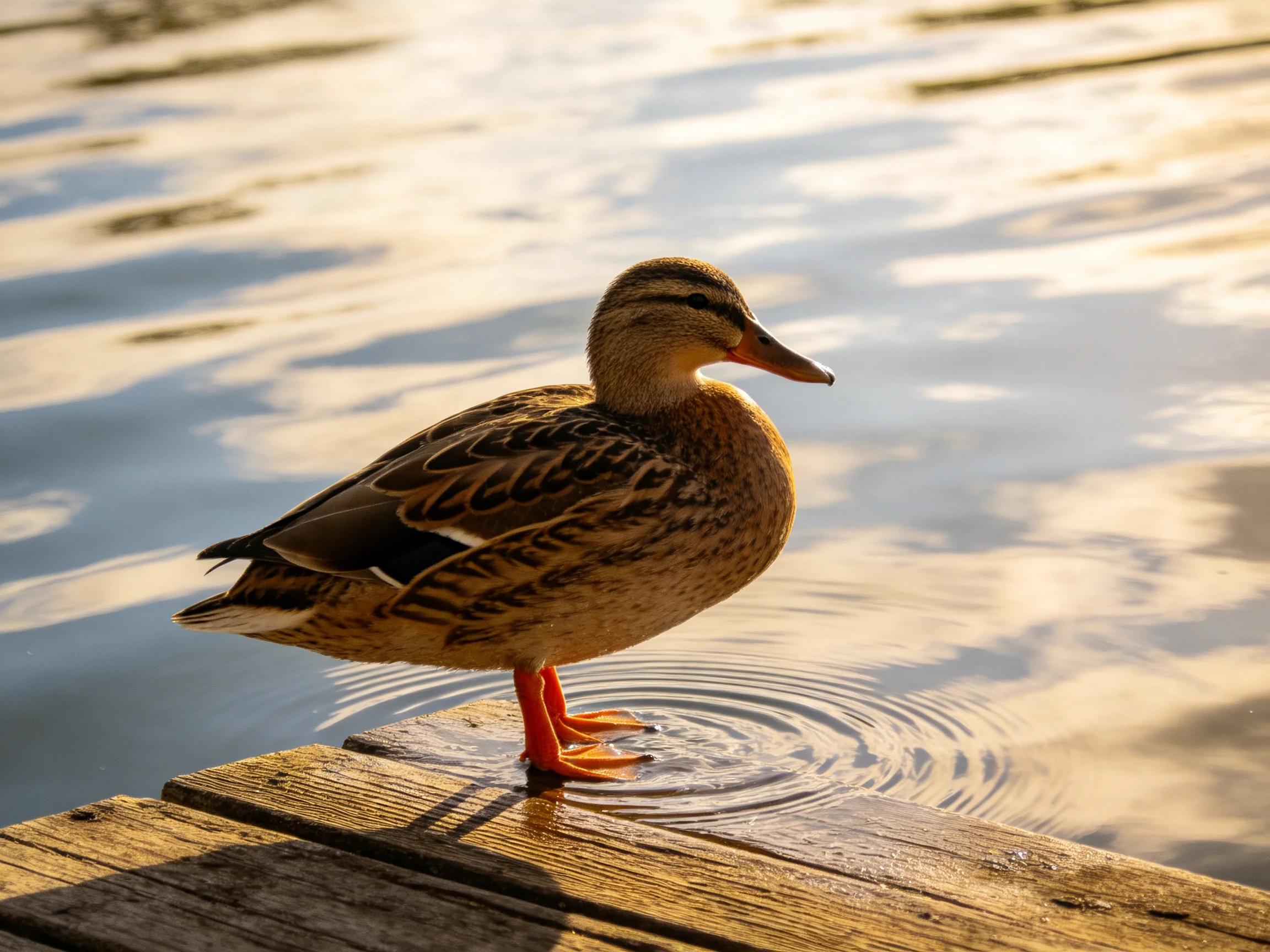 A brown duck stands on a wooden dock beside rippling water