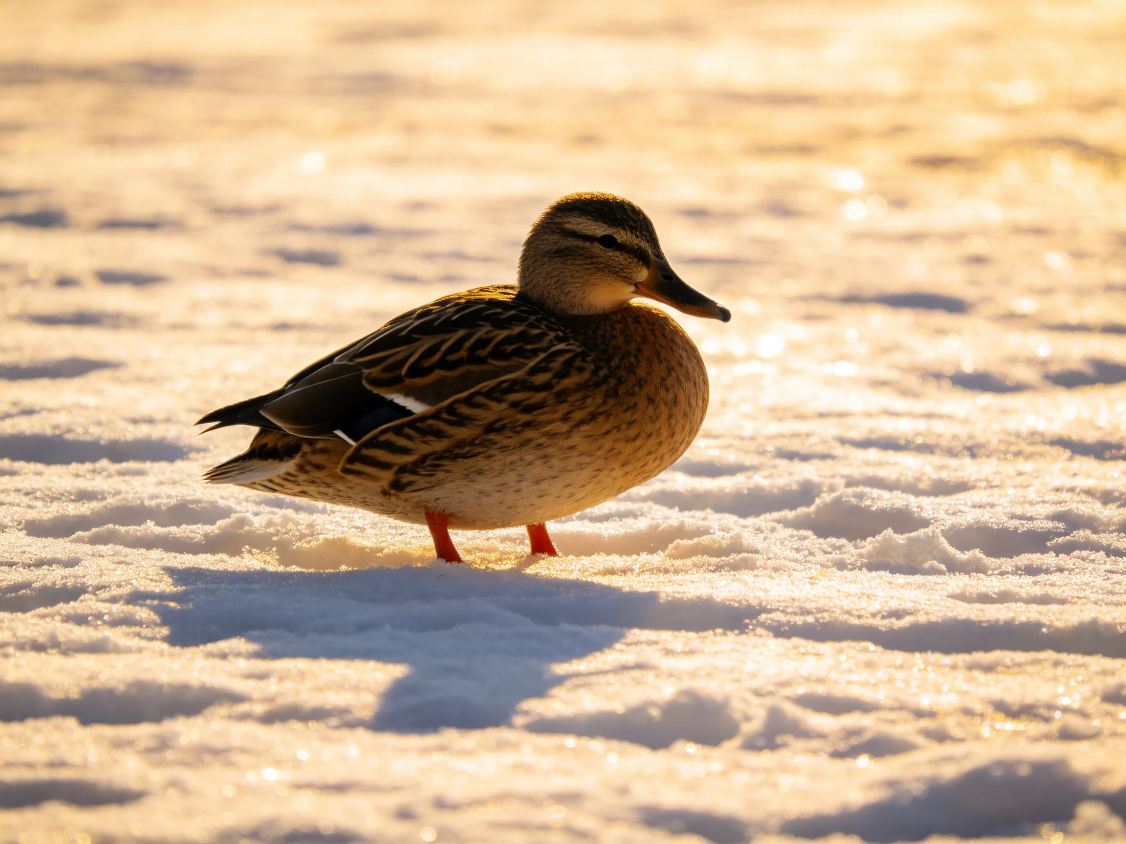 A brown duck stands on glistening snow under warm sunlight