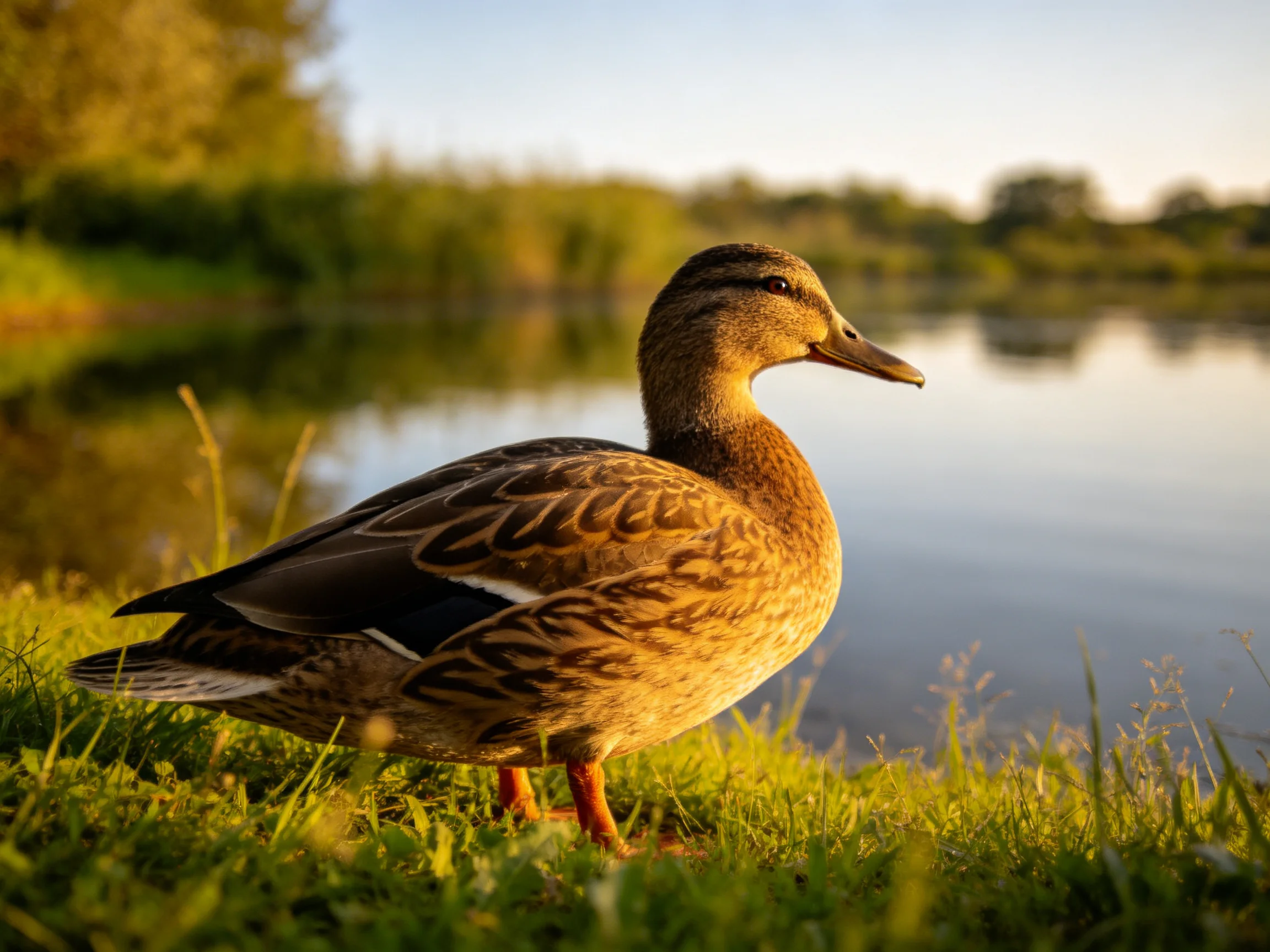 A brown duck stands on lush grass by calm waters