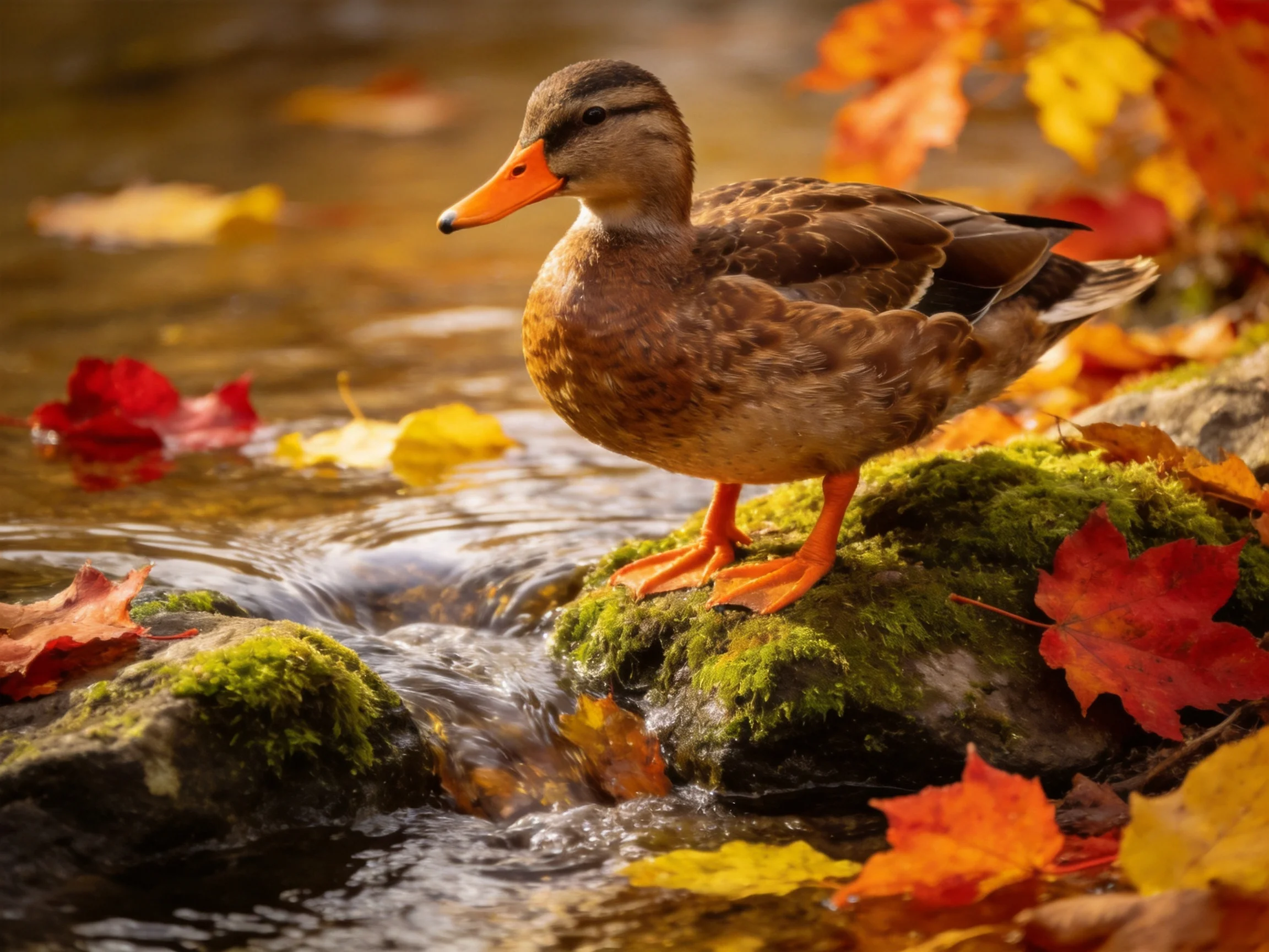 A brown duck stands on moss-covered rocks amid colorful autumn leaves by a stream