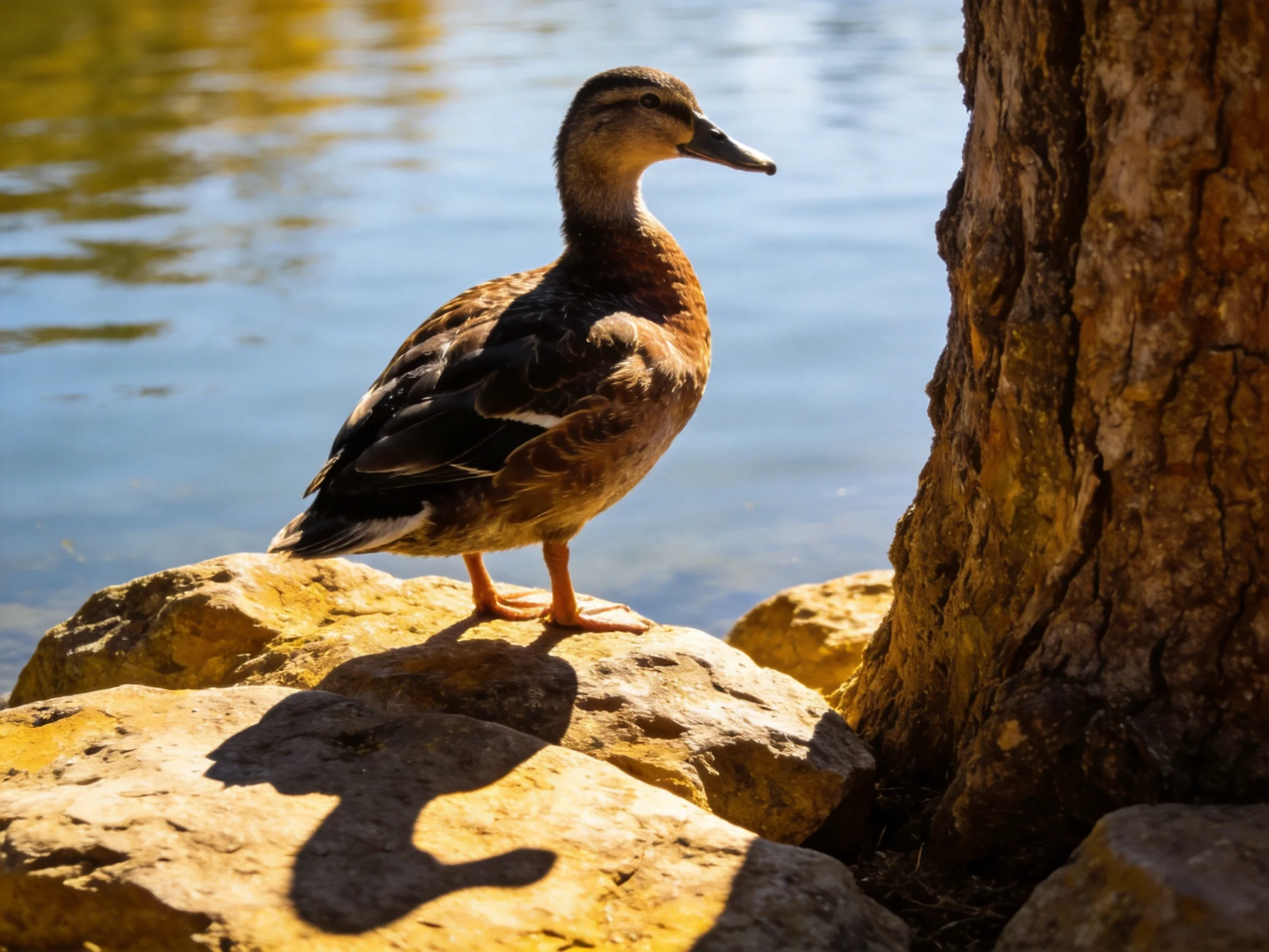A brown duck stands on yellow rocks near calm blue water