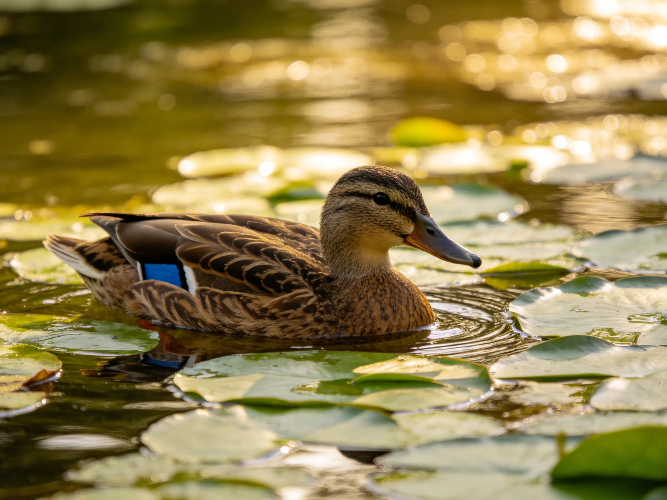 A brown duck swims amid green lily pads in golden water
