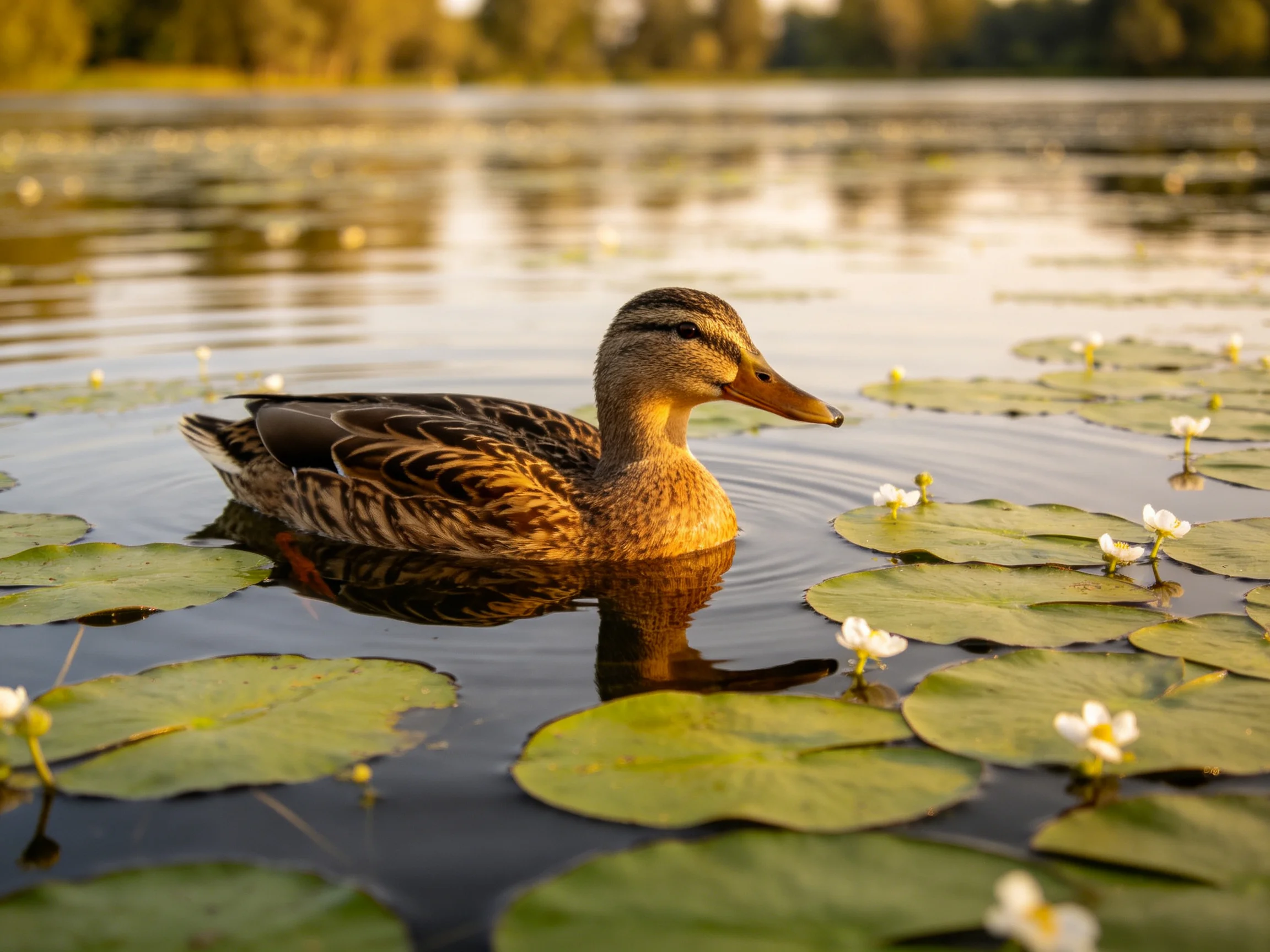 A brown duck swims among green lily pads and white flowers in a calm pond