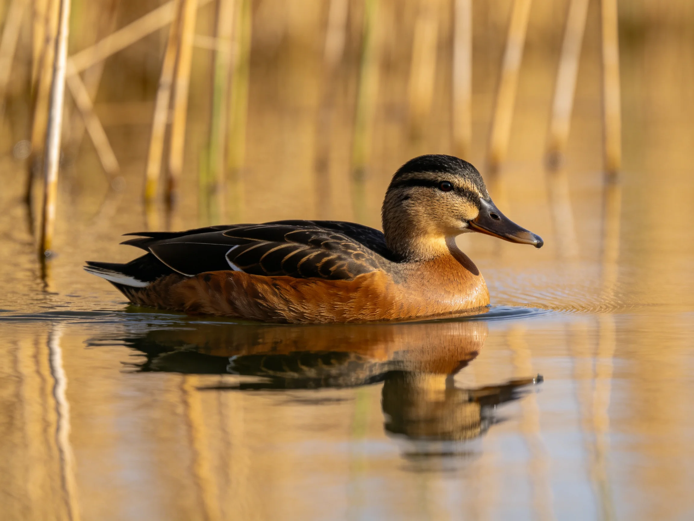 A brown duck swims gracefully in golden water among tall reeds