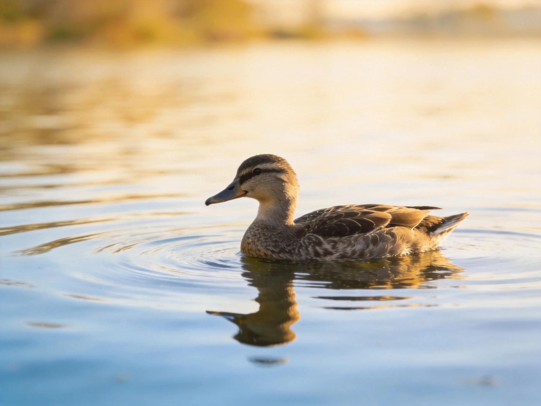 A brown duck swims gracefully on calm blue water with golden reflections