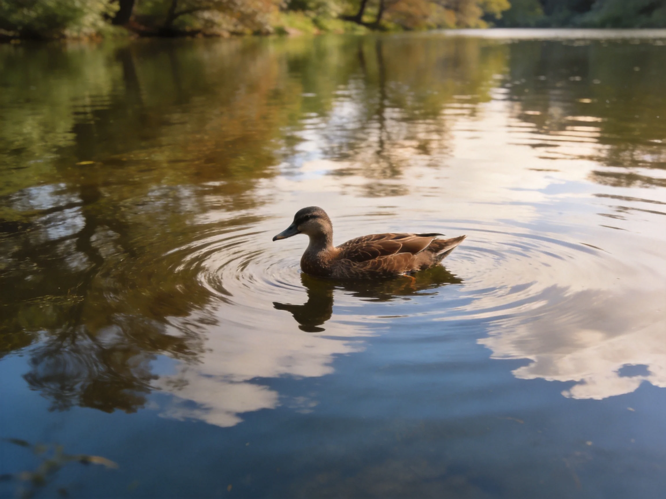 A brown duck swims in a calm lake with tree reflections
