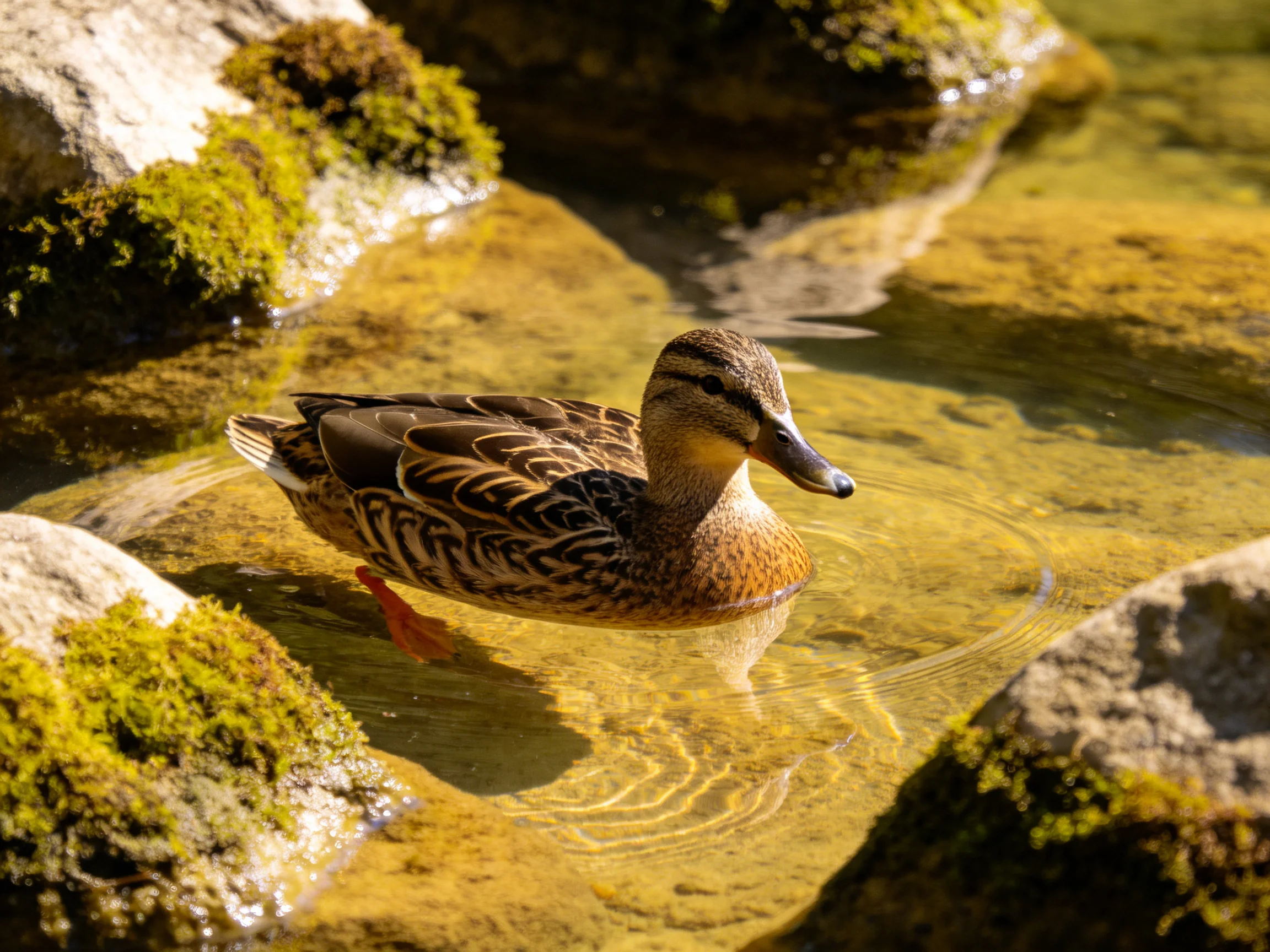 A brown duck swims in a mossy rocky pond