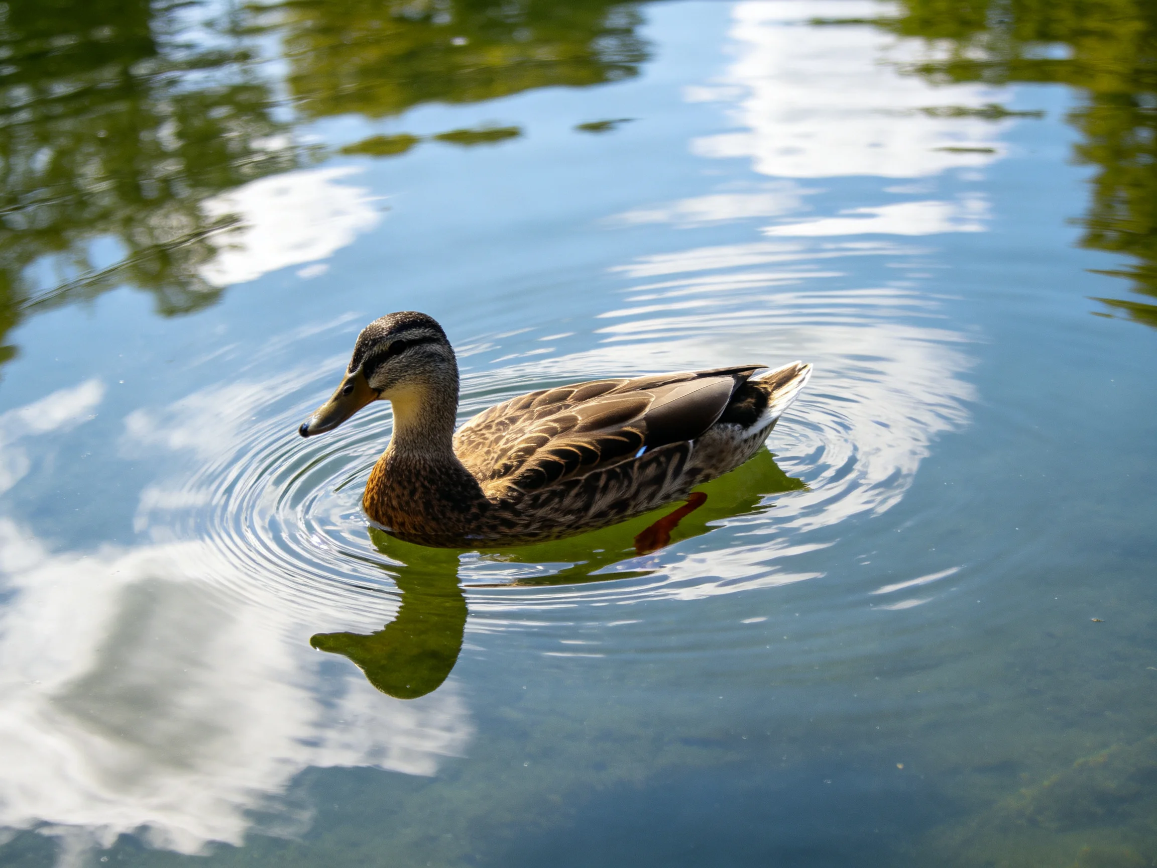 A brown duck swims in calm blue water with sky reflections