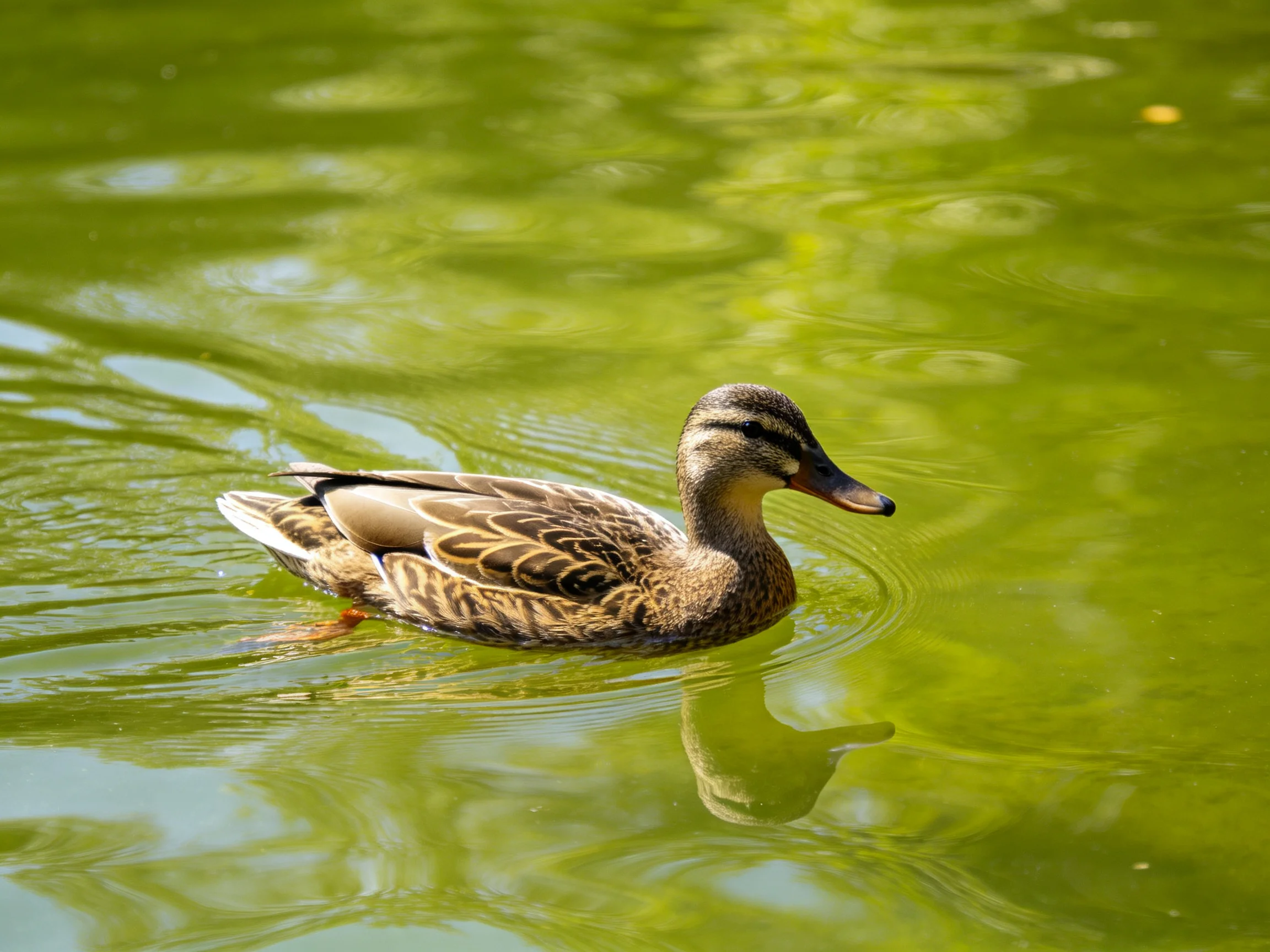 A brown duck swims in calm green pond water