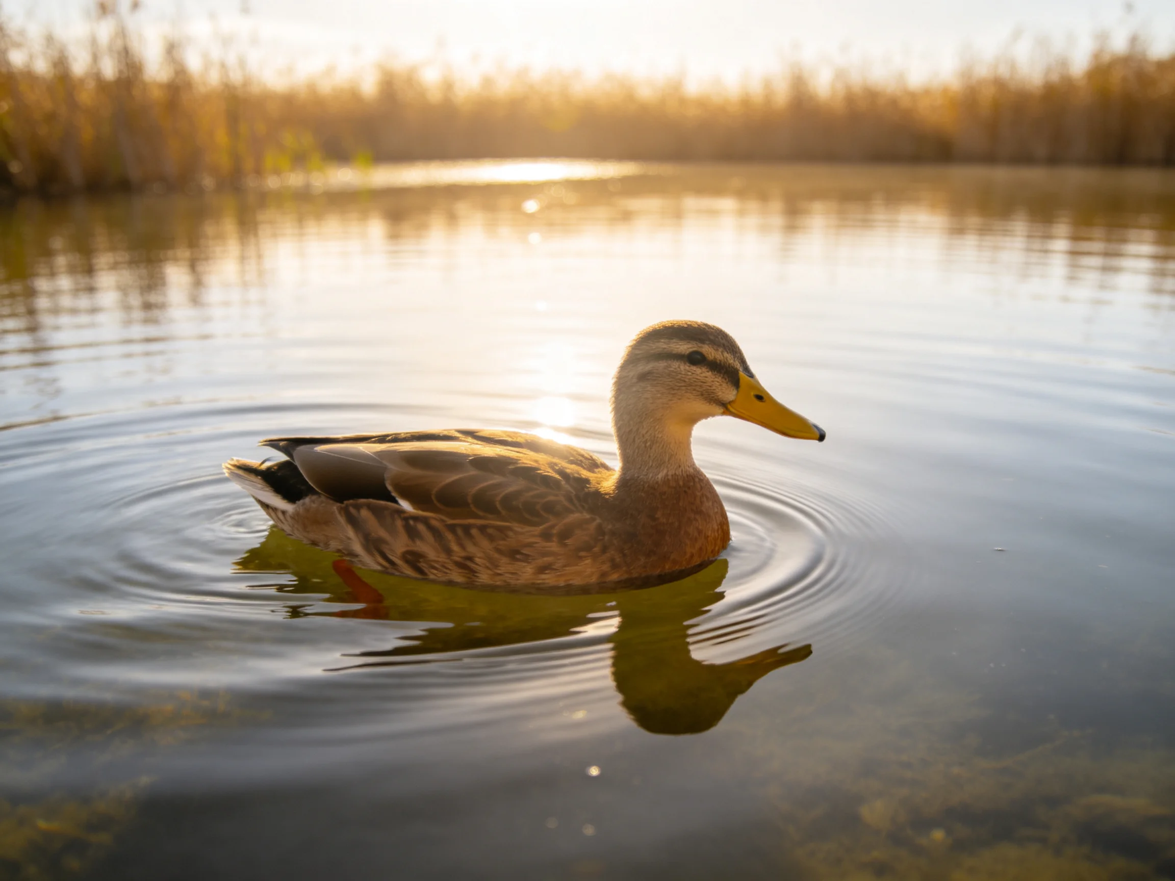 A brown duck swims in calm water near golden reeds under warm sunlight