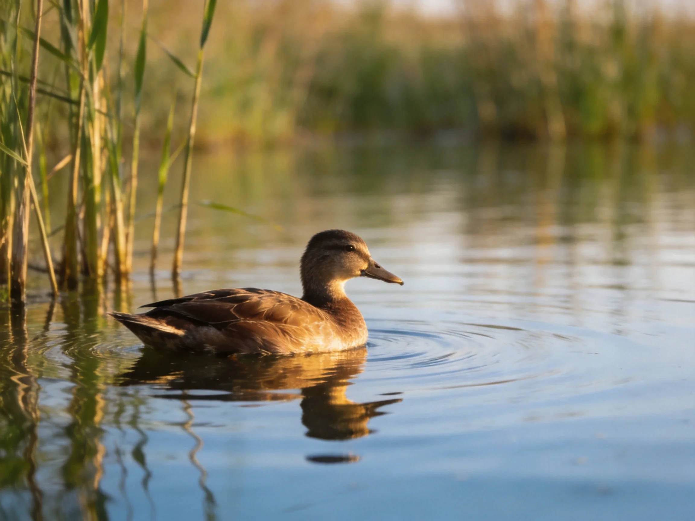 A brown duck swims in calm water near tall green reeds