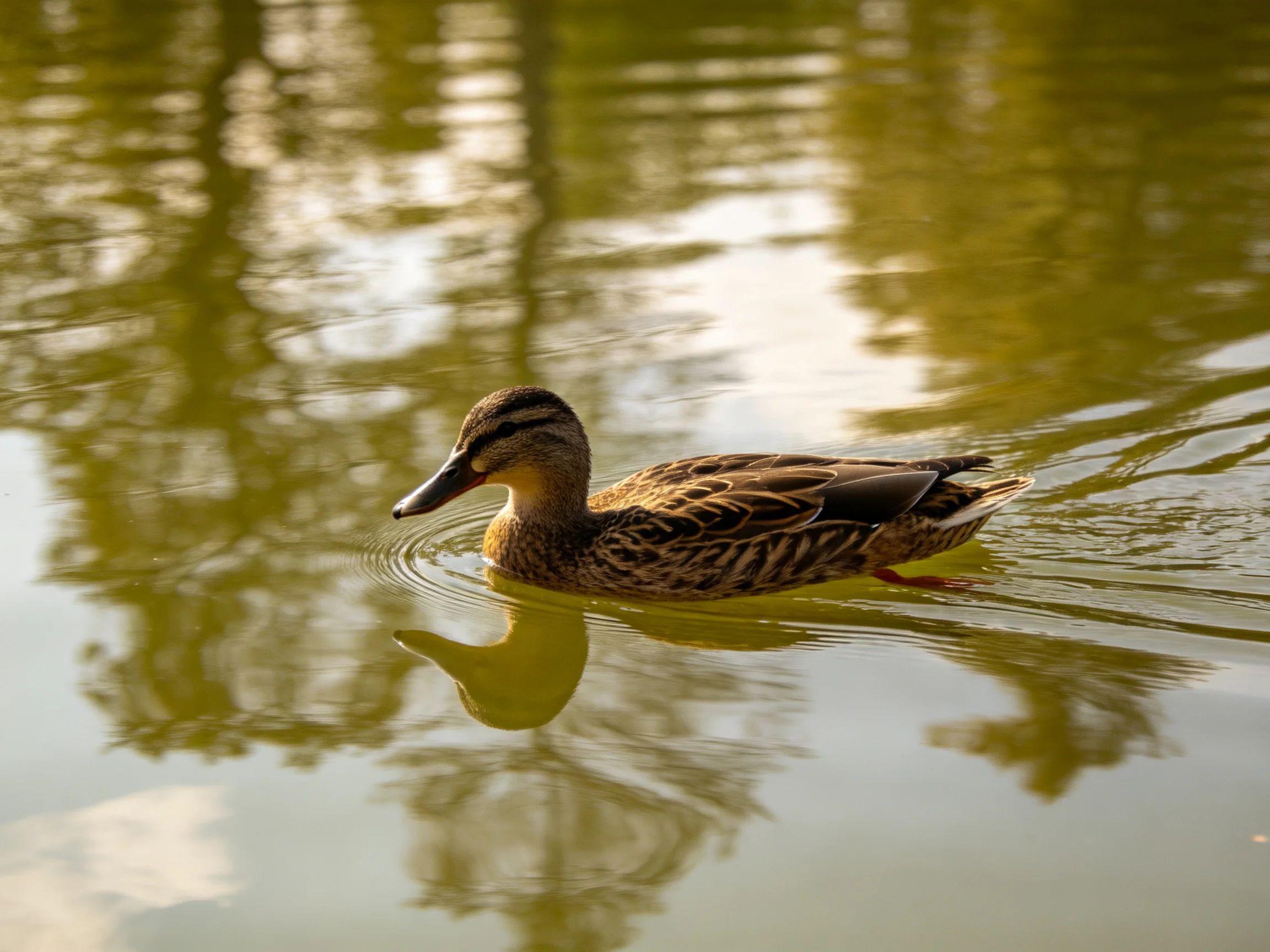 A brown duck swims in calm water reflecting golden tree shadows