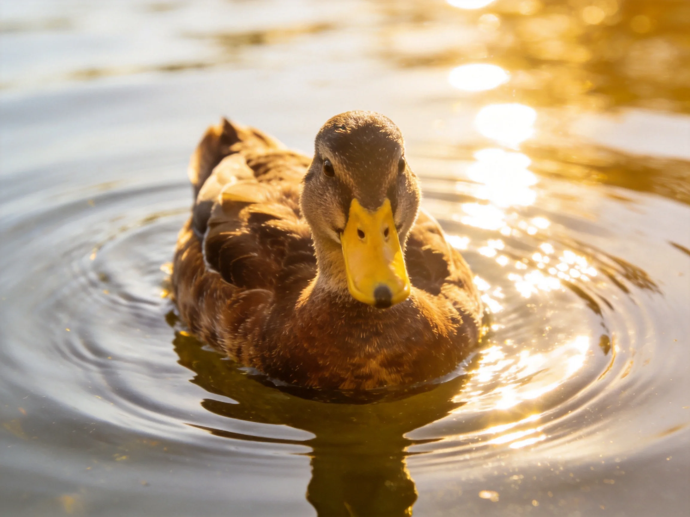 A brown duck swims in calm water with golden sunlight