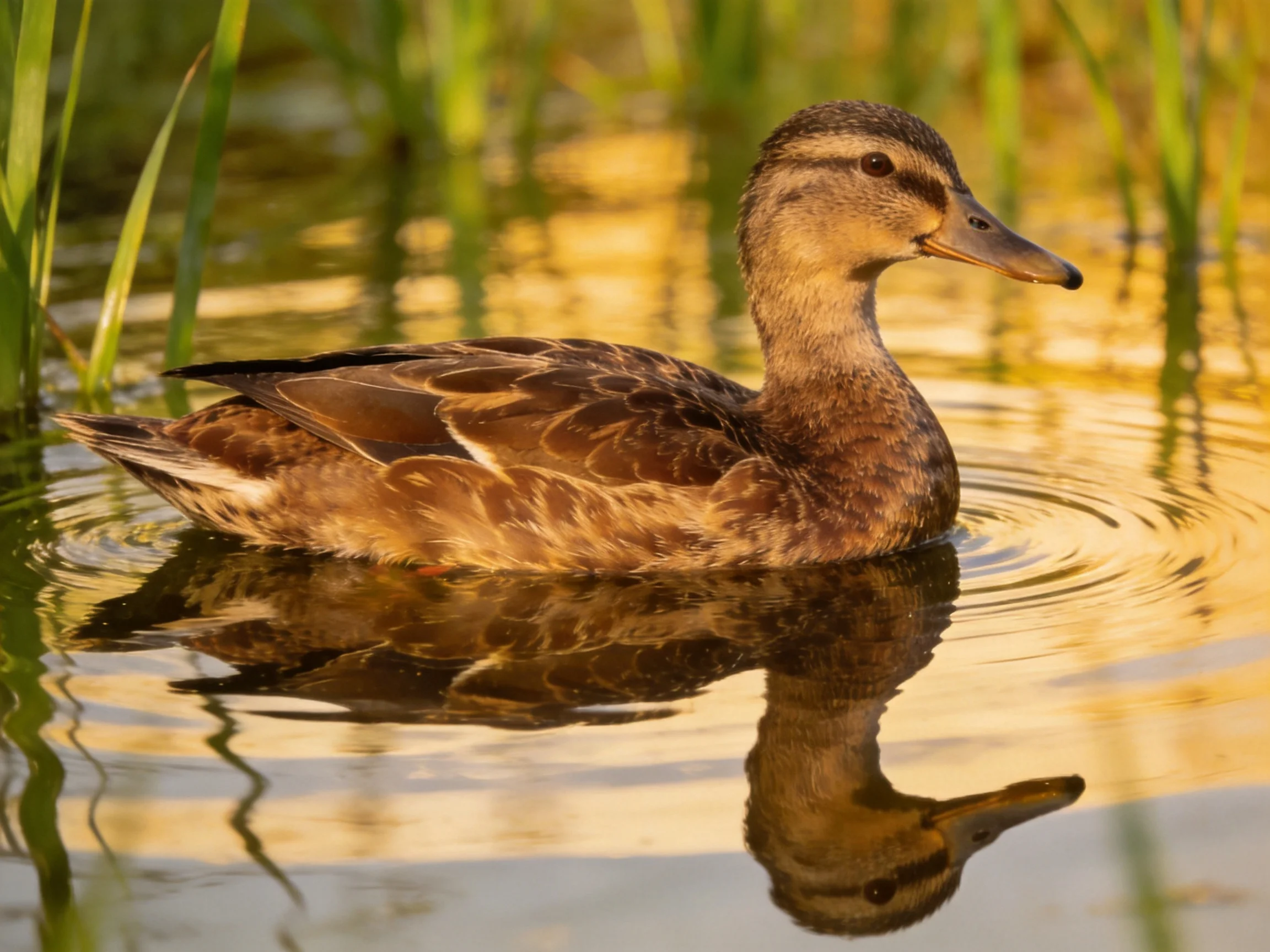 A brown duck swims in golden water near tall green reeds