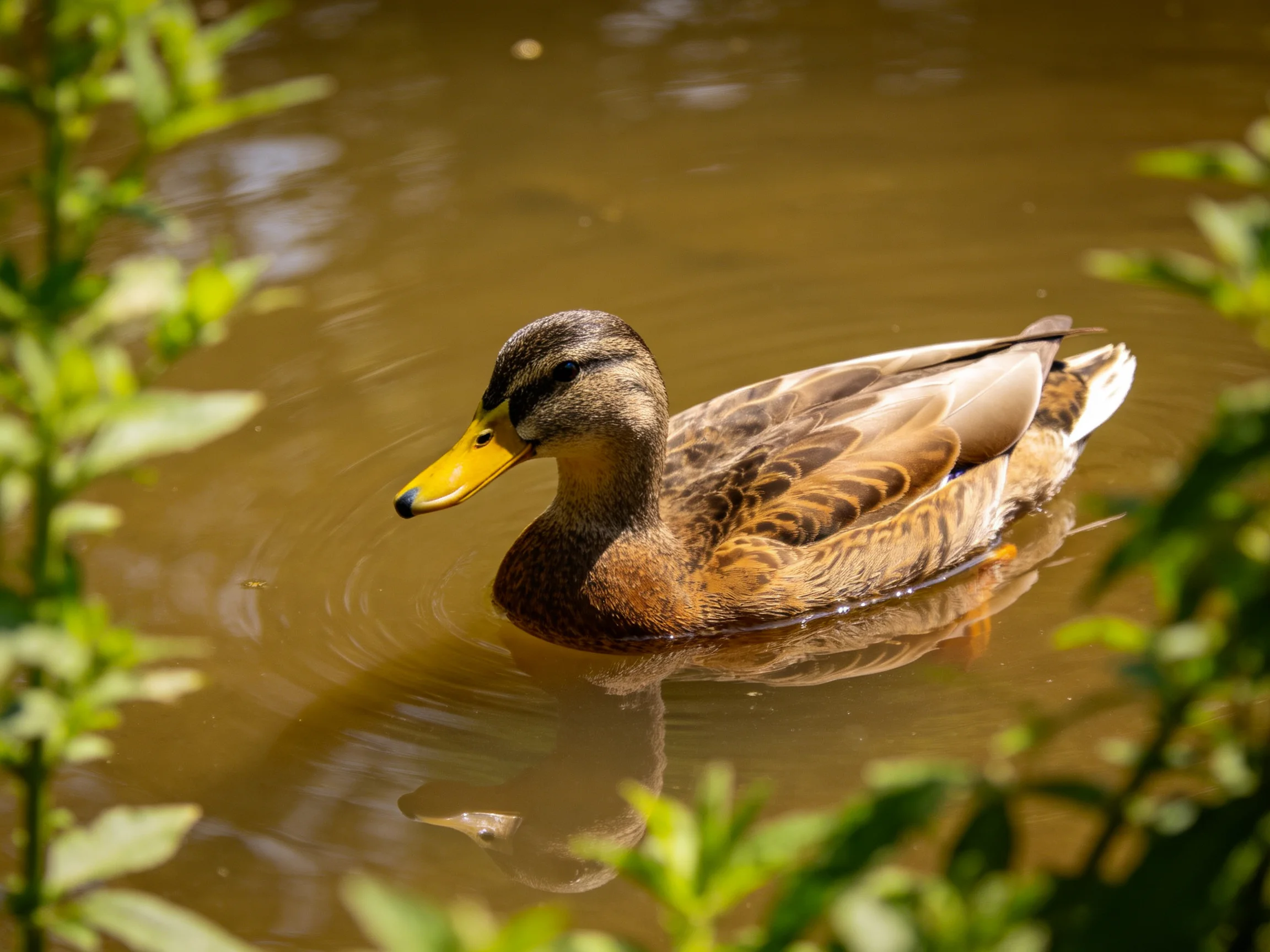 A brown duck swims in murky water surrounded by green vegetation