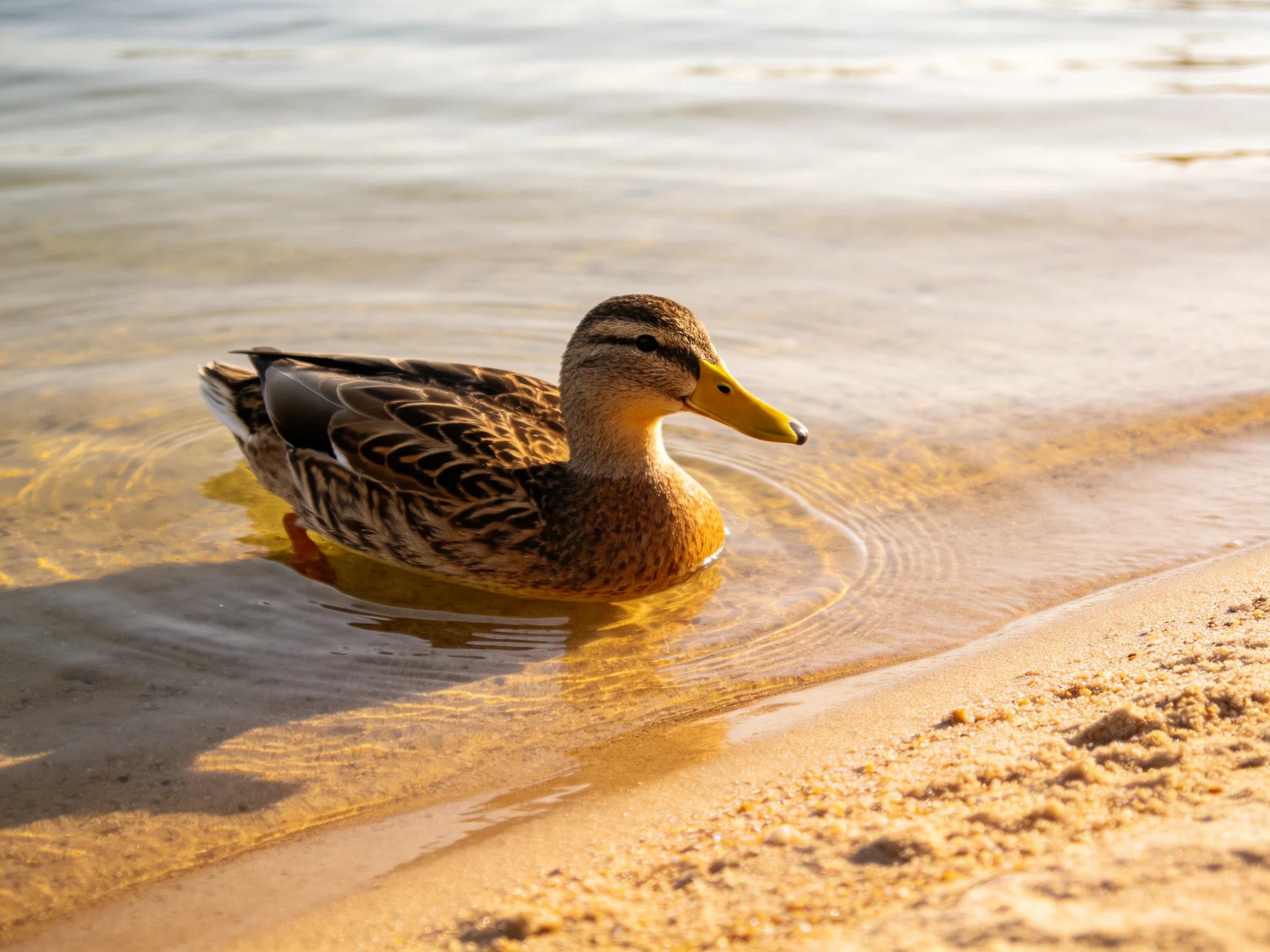 A brown duck swims in shallow golden water by sandy shore
