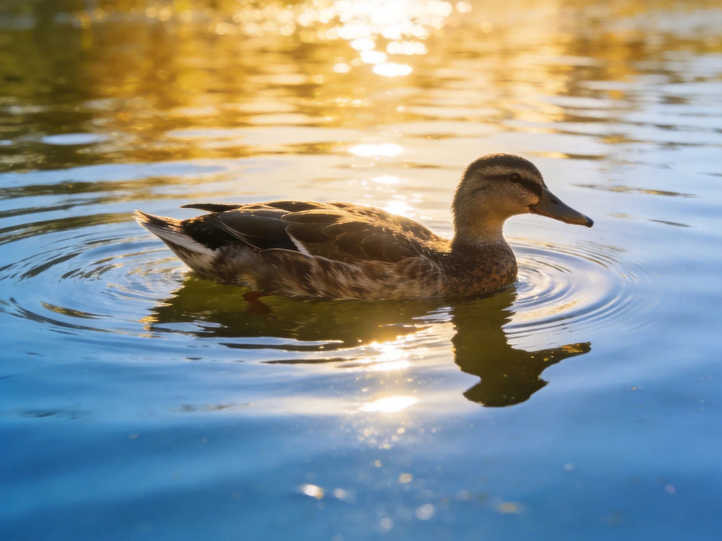 A brown duck swims in sunlit blue water with golden reflections
