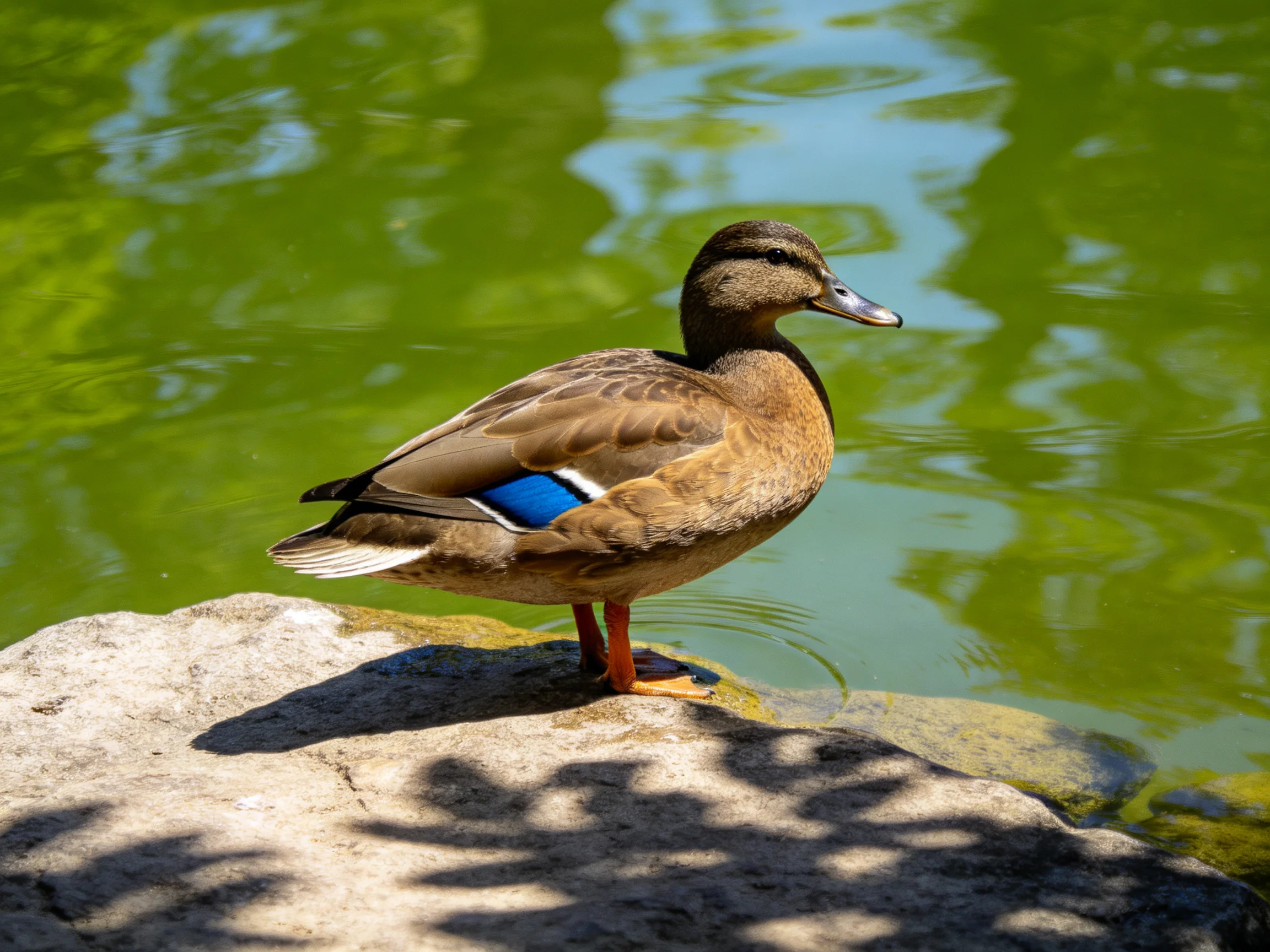 A brown duck with a blue wing patch stands on a rock by green water