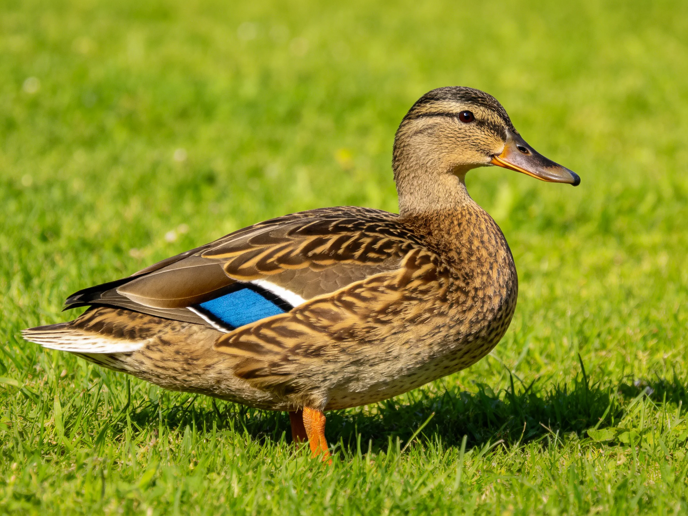 A brown duck with distinct markings rests on vibrant green grass.