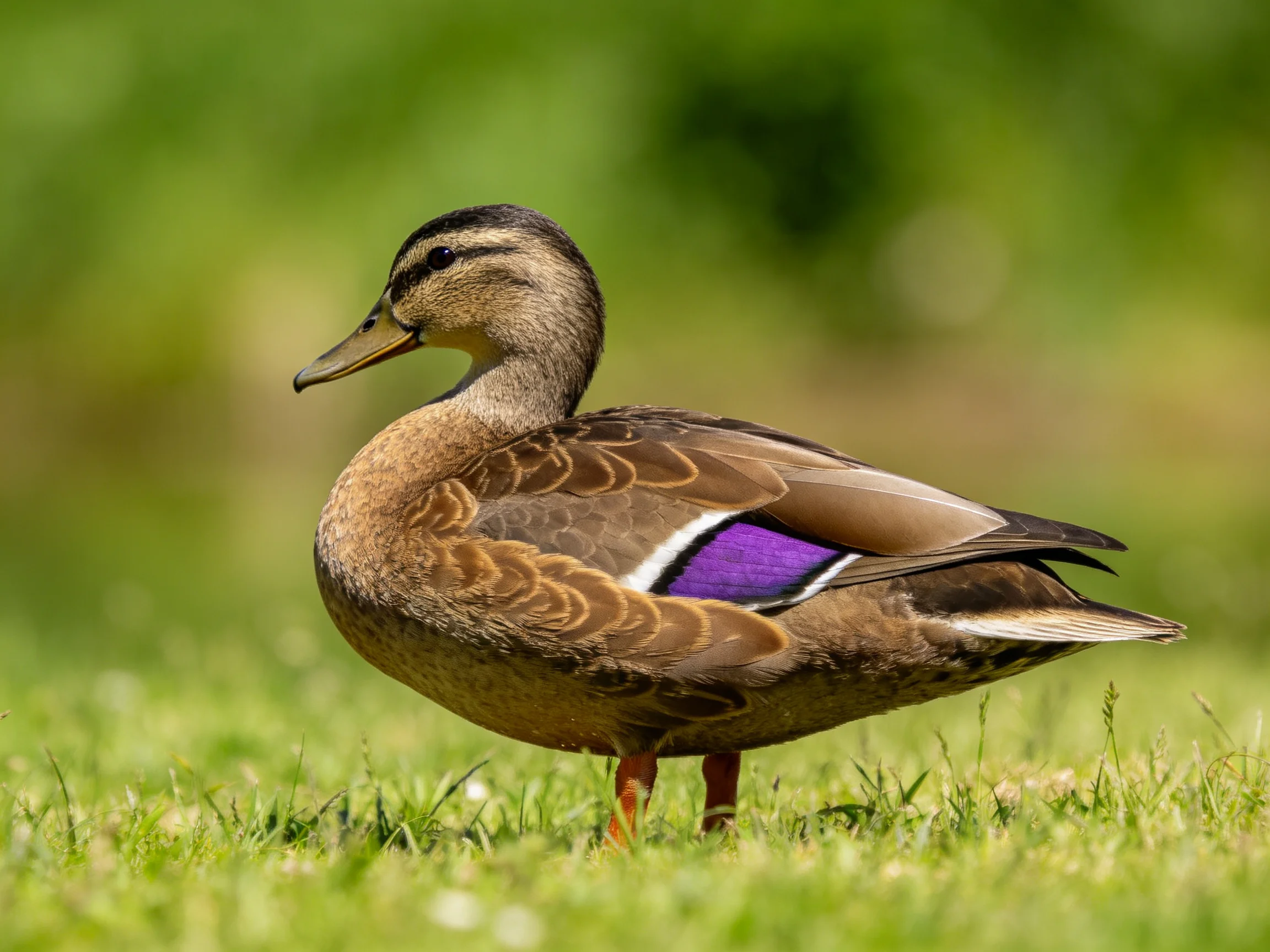A brown duck with a purple wing patch stands on green grass in a natural setting.