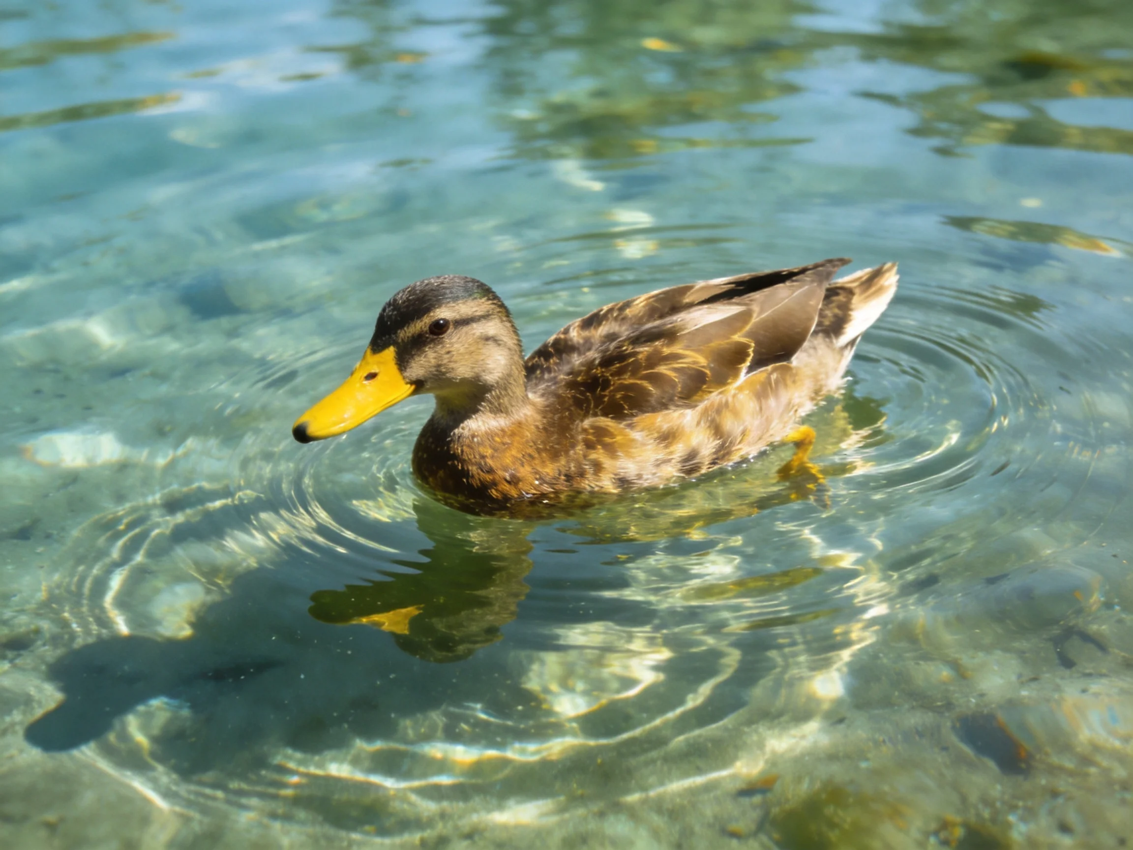 A duck swims gracefully in clear, sunlit water.