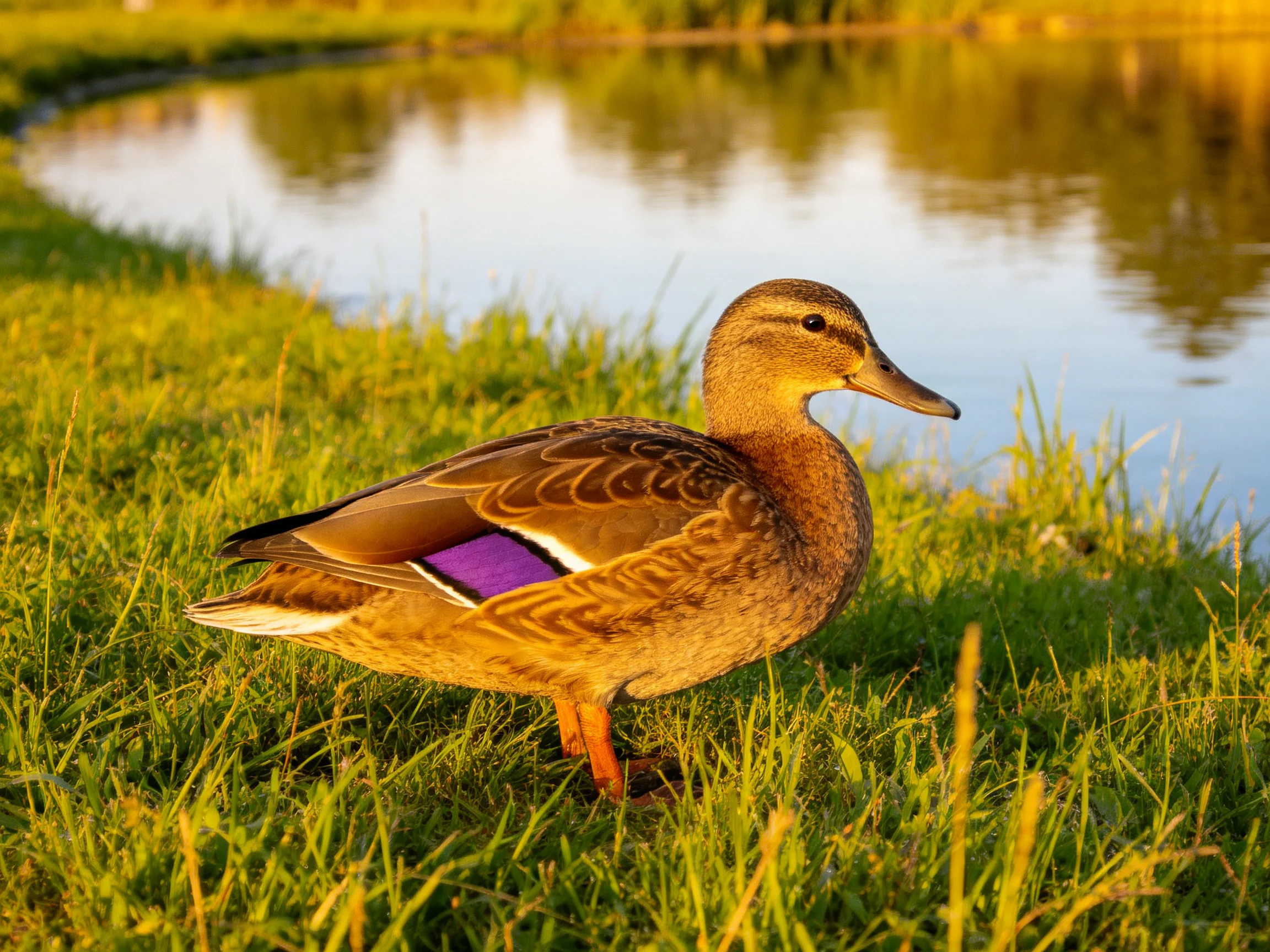A brown duck with a purple wing patch stands on green grass near calm water