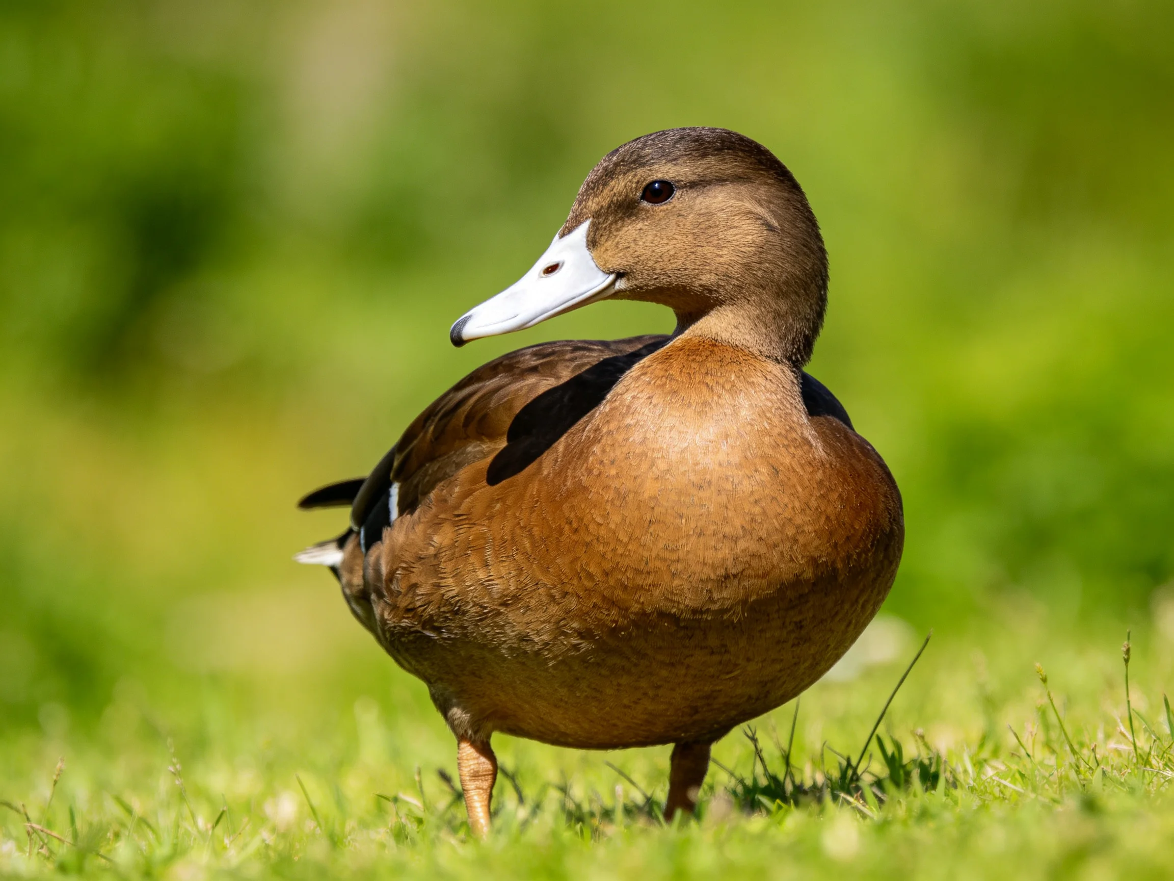 A brown duck with a white beak standing on lush green grass