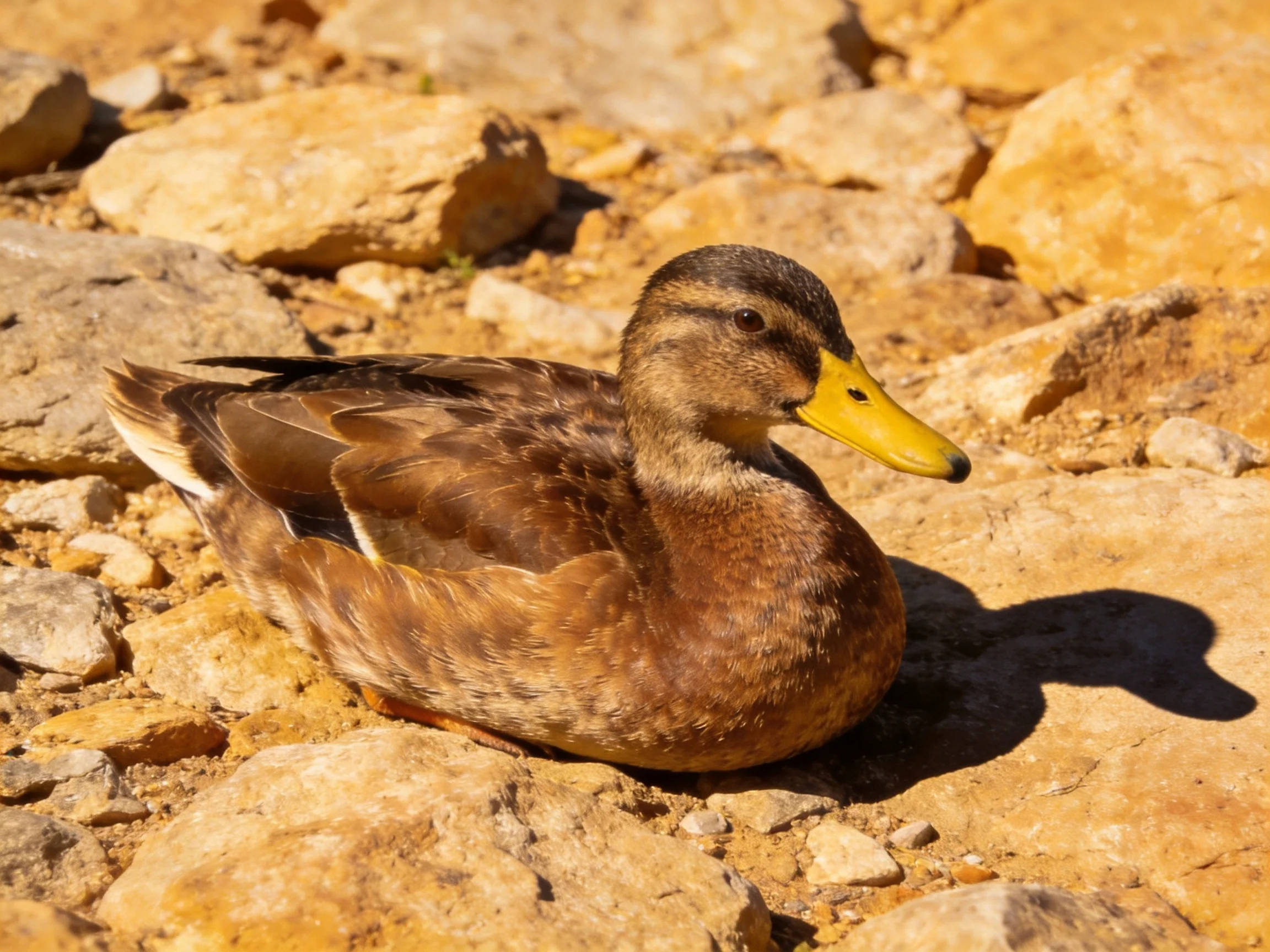 A brown duck with a yellow beak rests on rocky stones