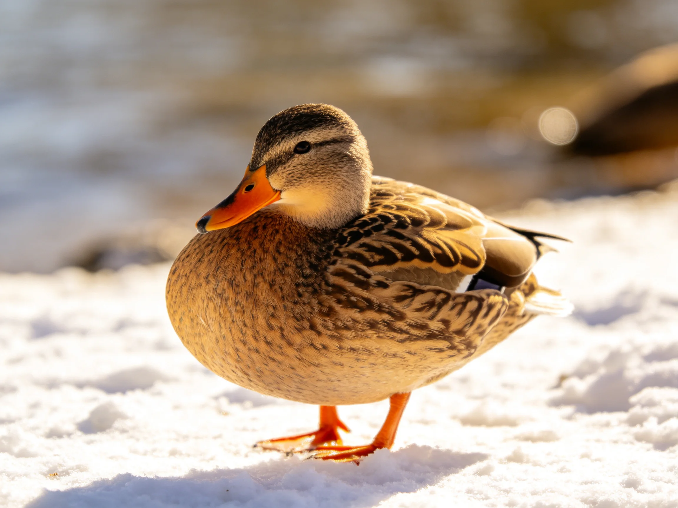 A brown duck with an orange beak stands on bright white snow