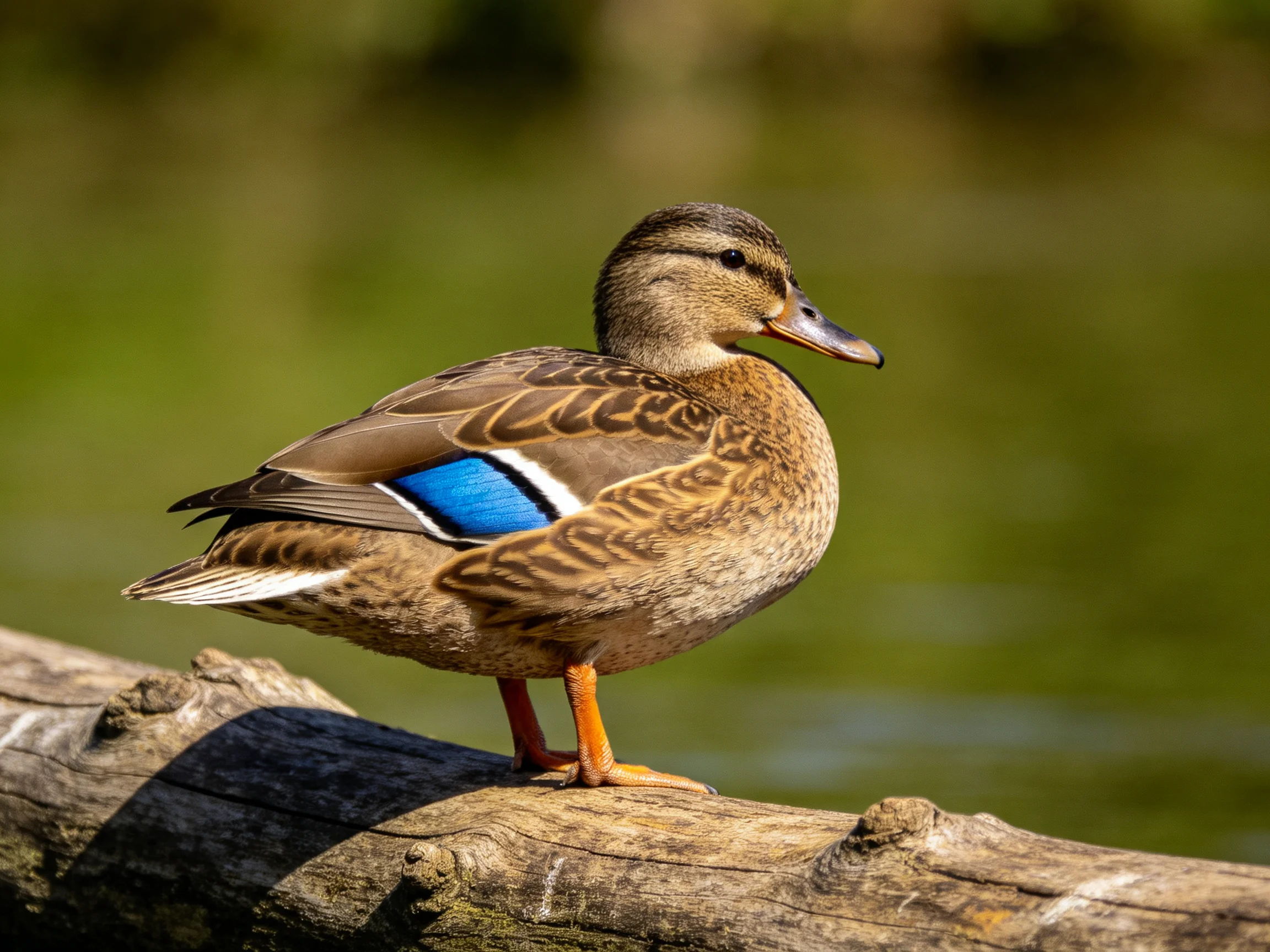 A brown duck with blue wing patch perched on a weathered log by calm water