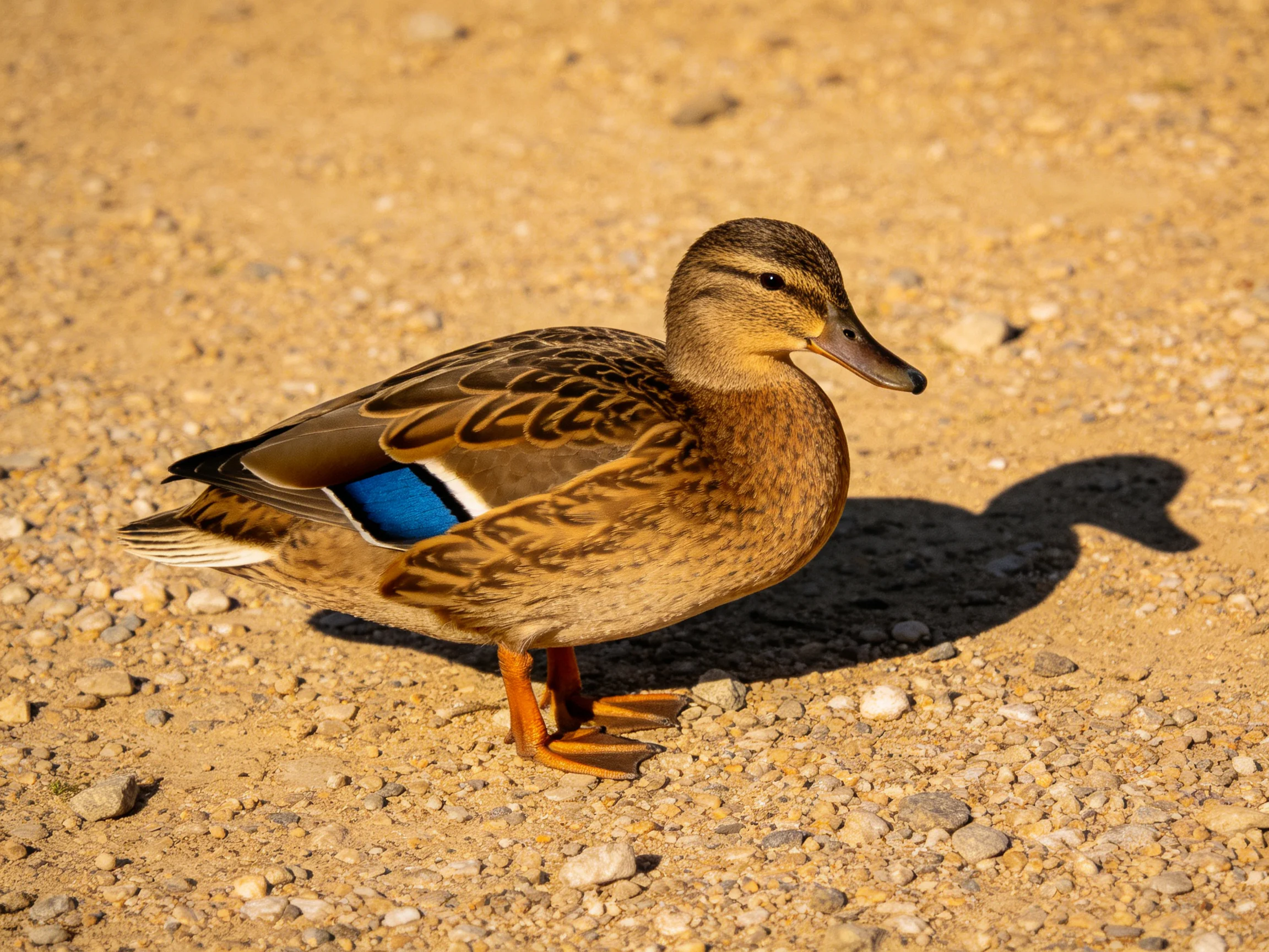 A brown duck with blue wing patch standing on a gravel path