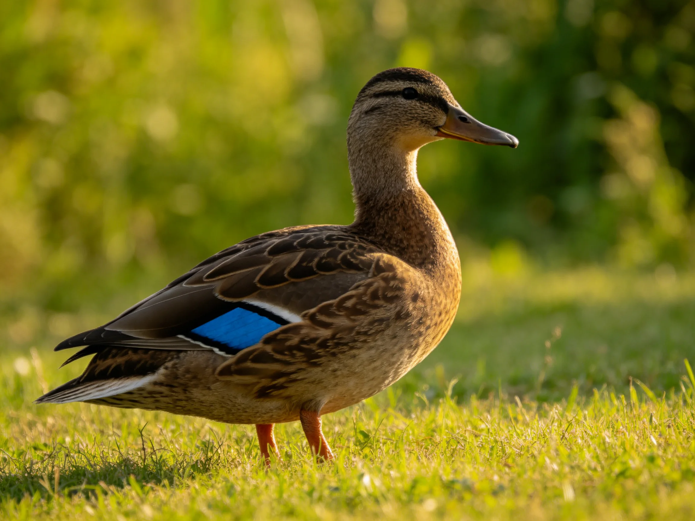 A brown duck with blue wing patch standing on green grass in sunlight