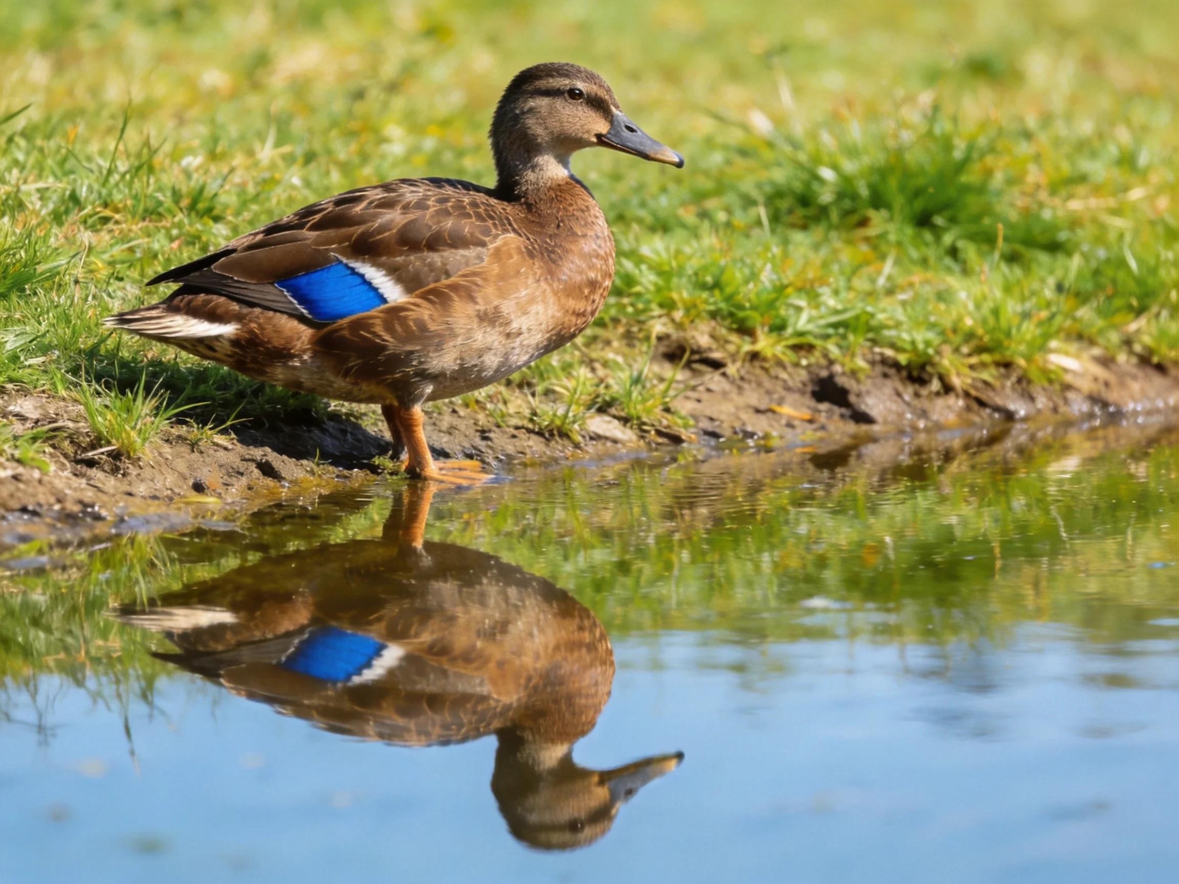 A brown duck with blue wing patch stands beside calm water near lush green grass