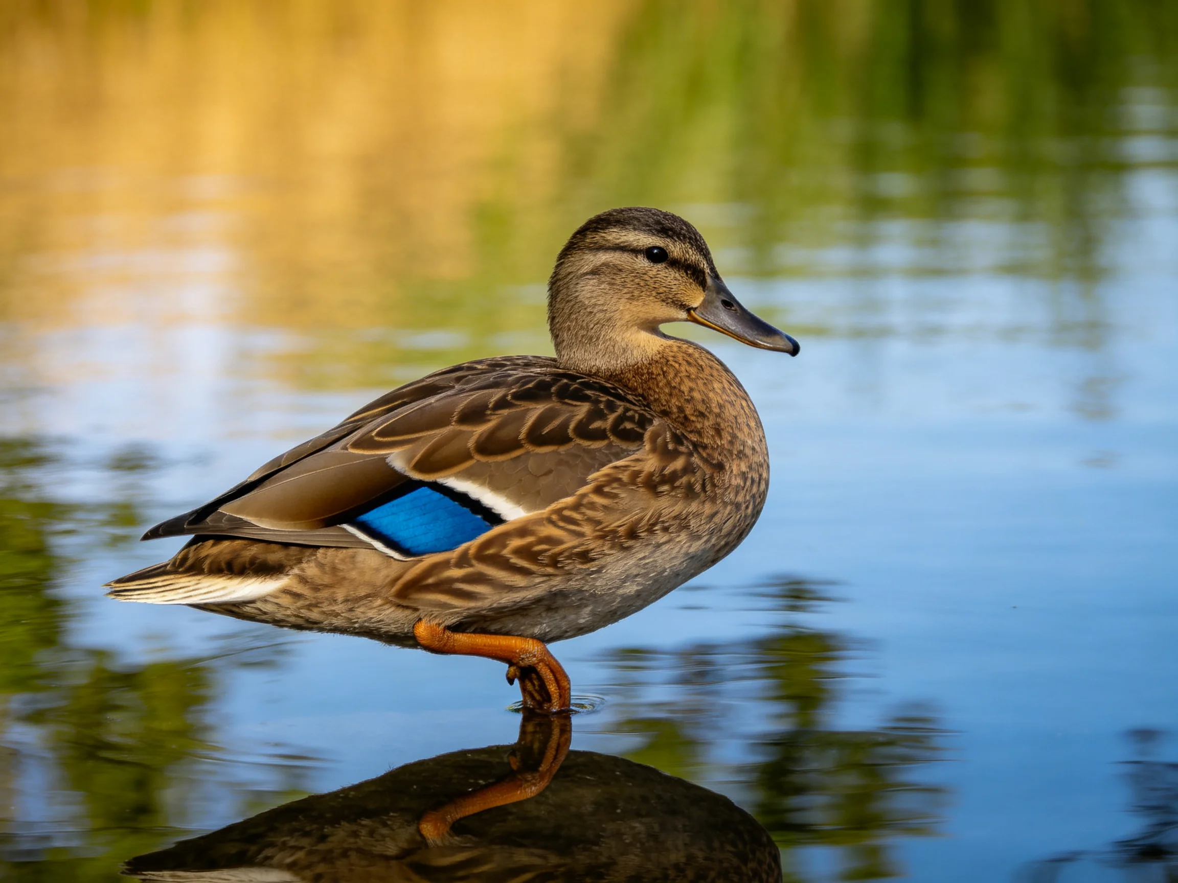 A brown duck with blue wing patch stands in calm water near green reeds