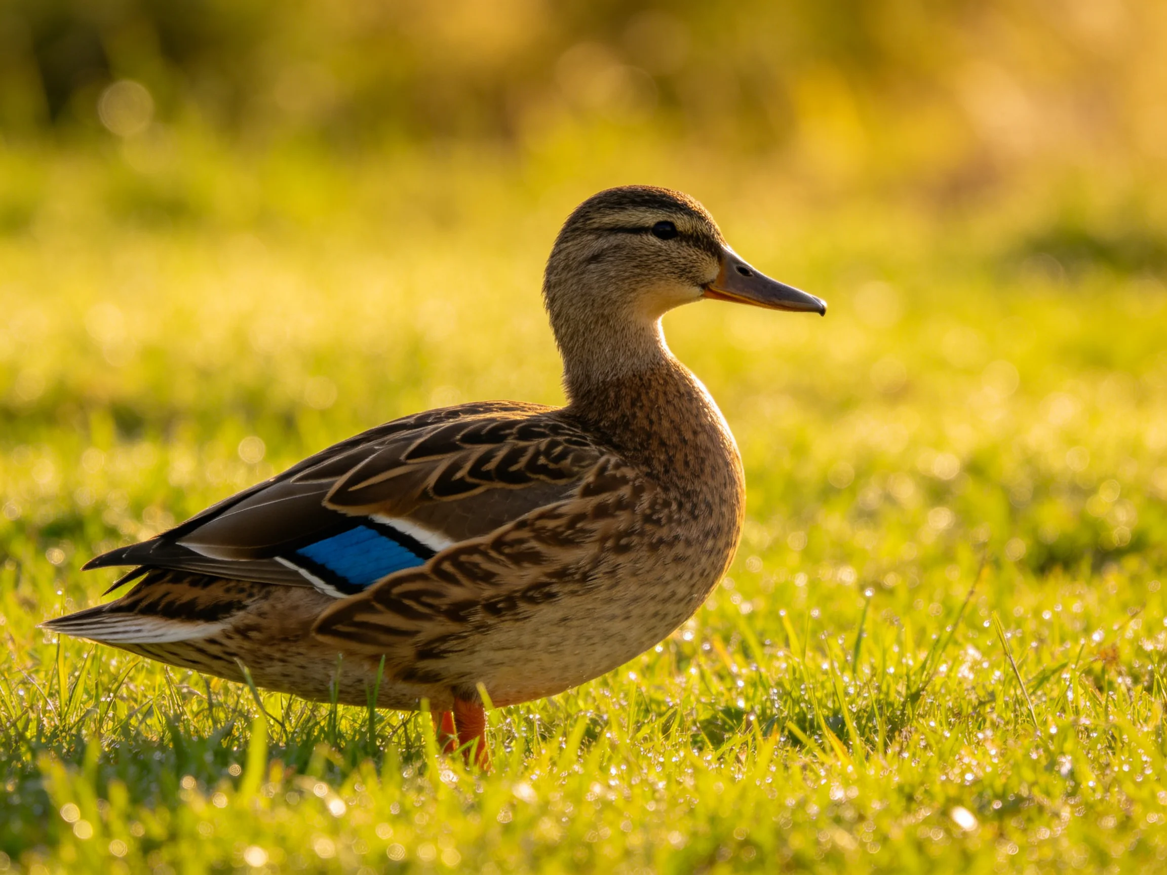 A brown duck with blue wing patch stands on sunlit green grass