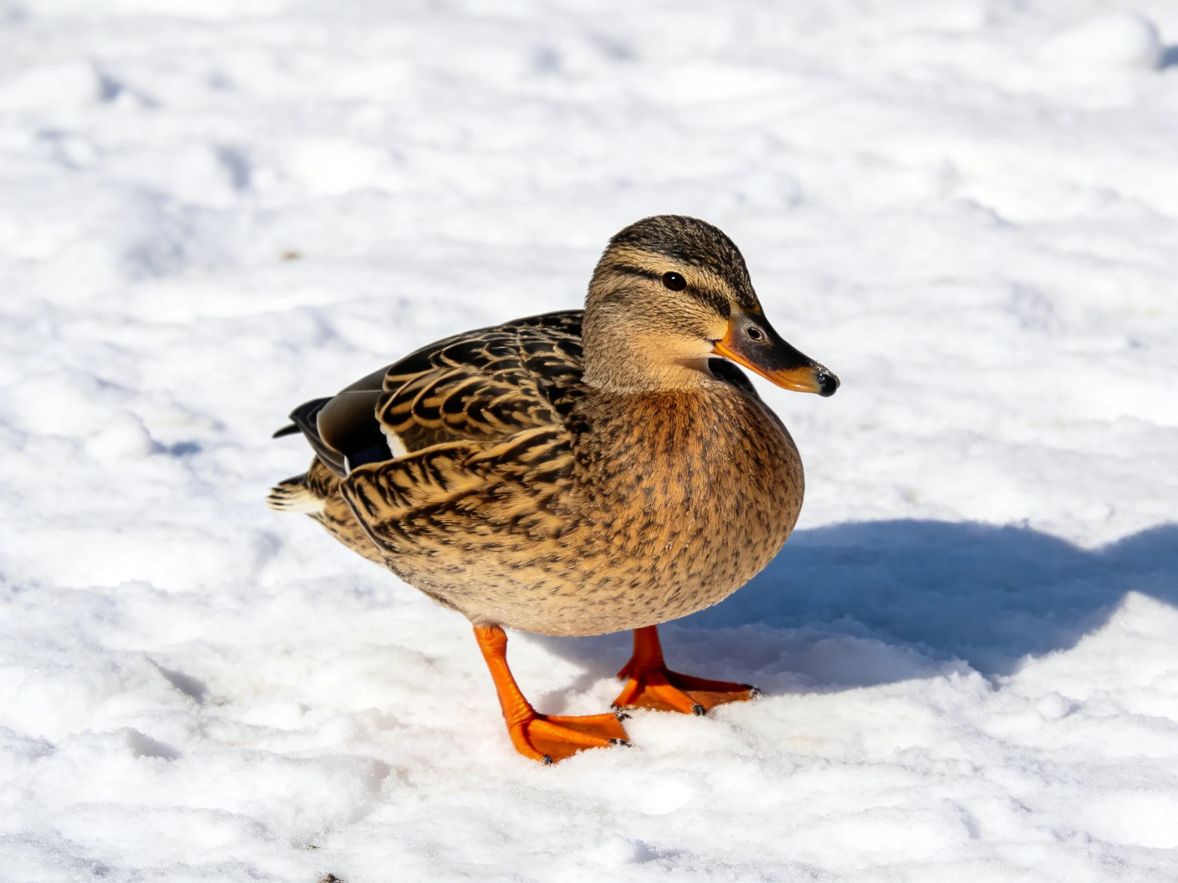 A brown duck with bright orange feet standing on white snow