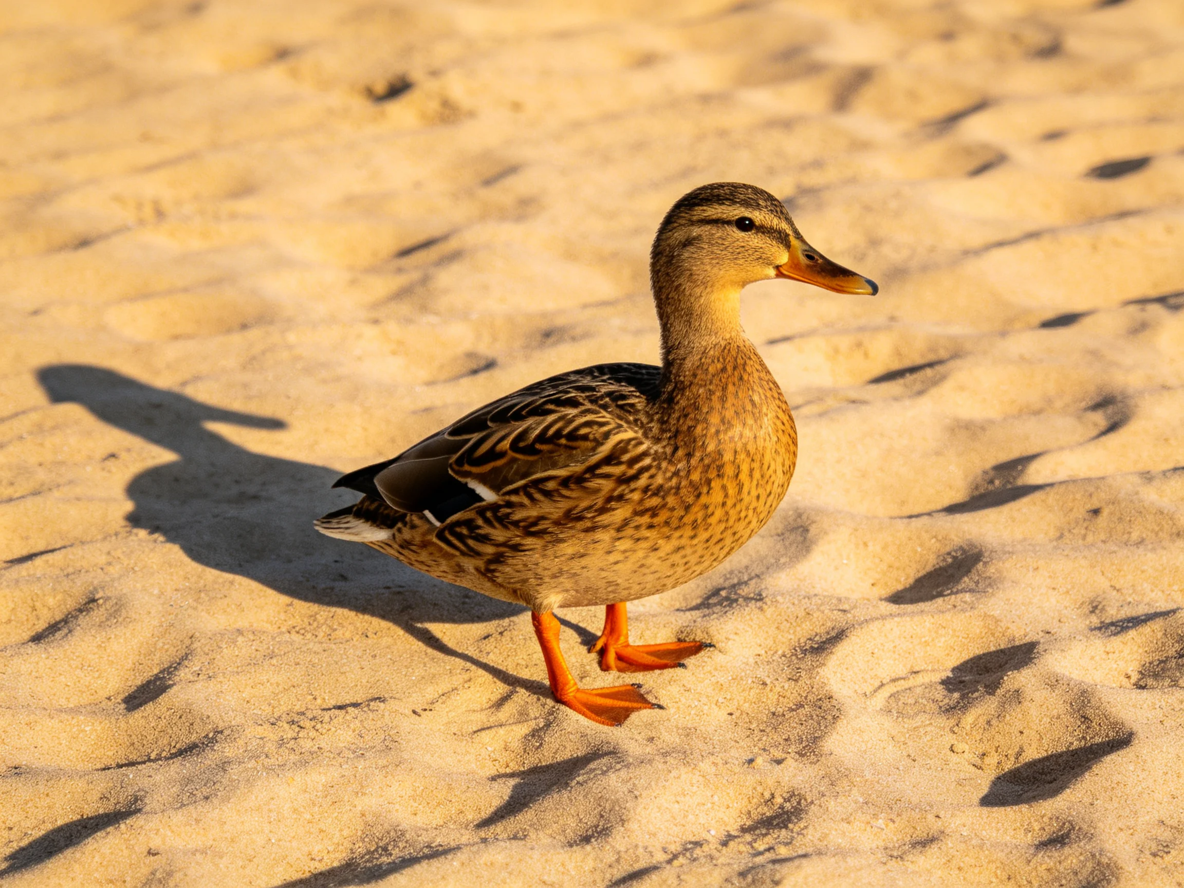 A brown duck with bright orange feet walking on golden sand