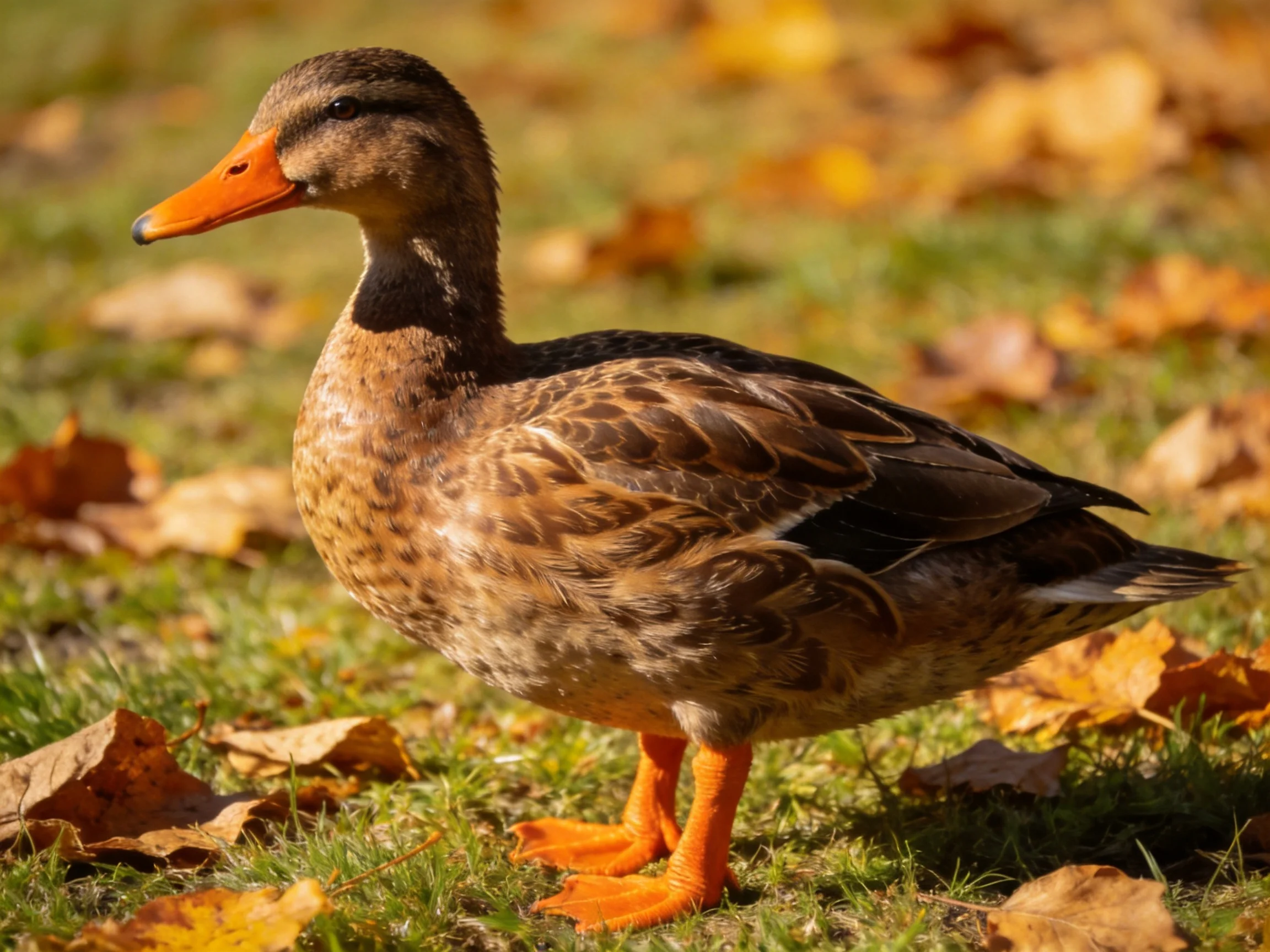 A brown duck with orange beak and feet among fallen autumn leaves
