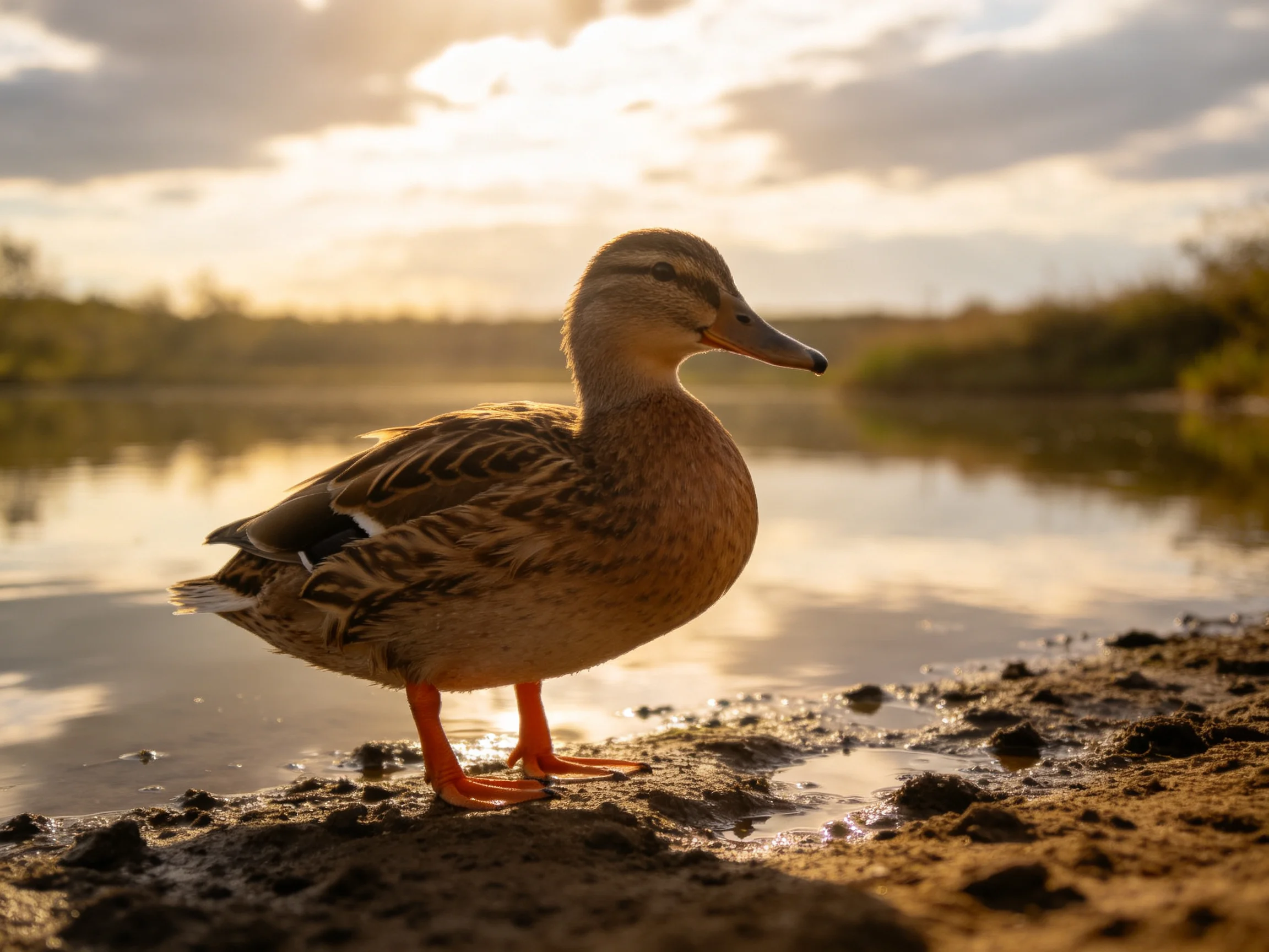 A brown duck with orange feet stands on muddy shore by calm water during golden hour