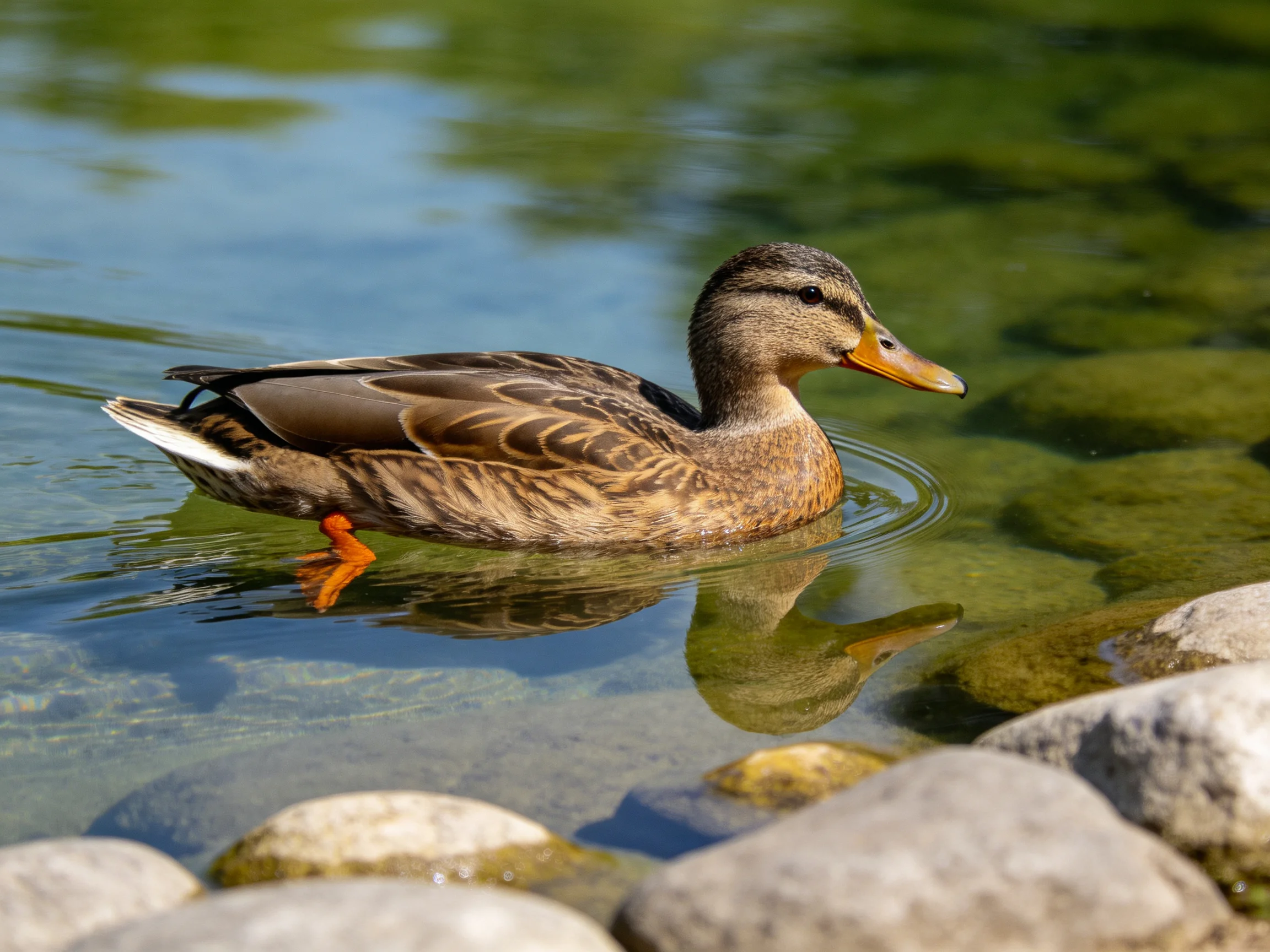 A brown duck with orange feet swims in clear greenish water near rocks