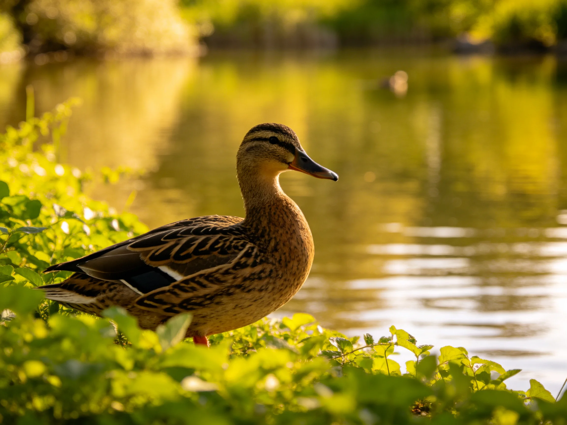 A brown duck with patterned plumage near calm water and green foliage