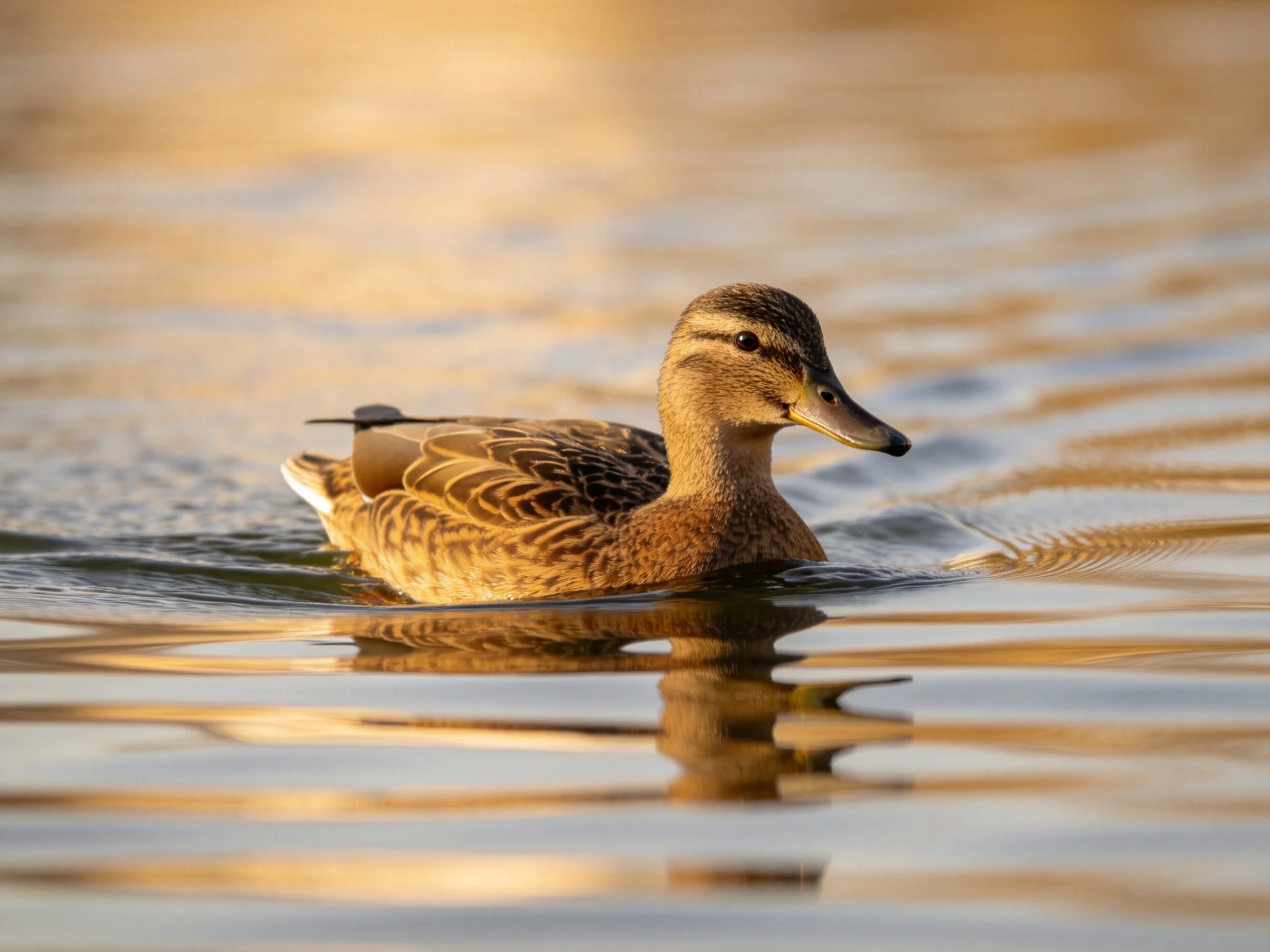 A brown duck with patterned plumage swims in golden-hued water
