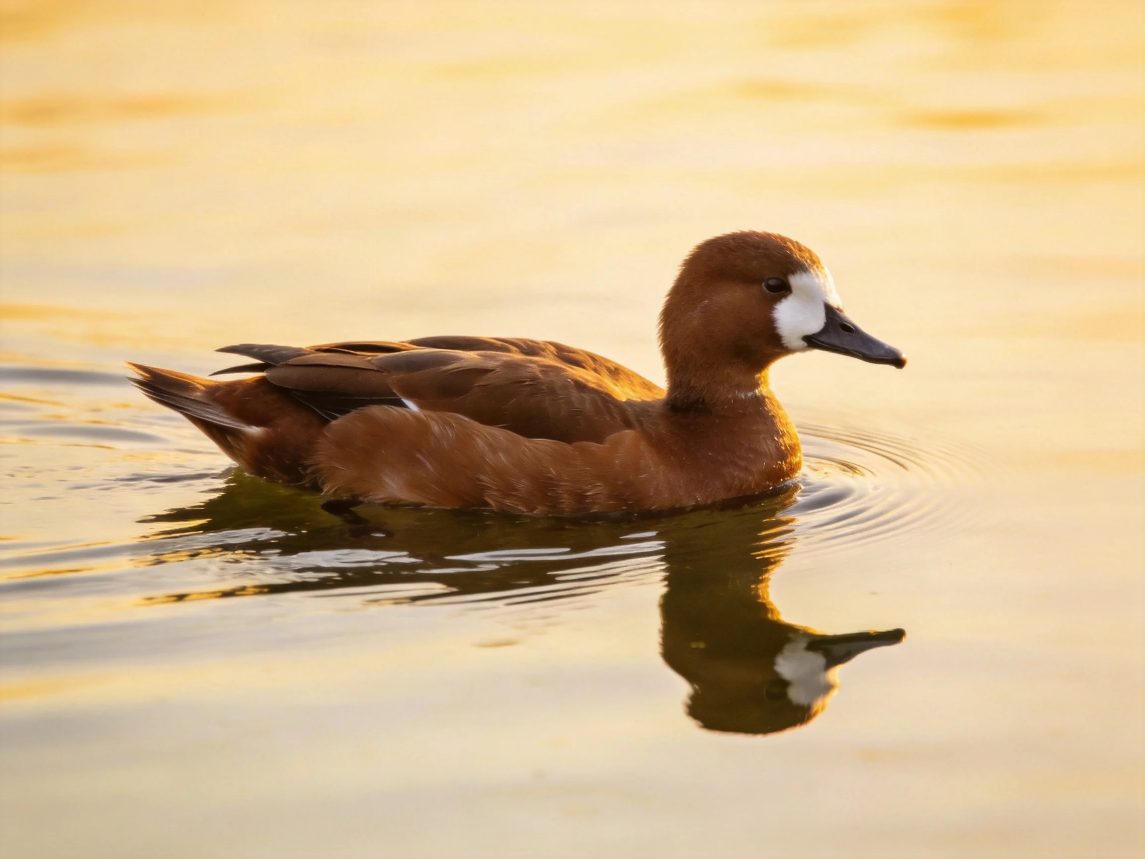 A brown duck with white facial patch swims in golden water
