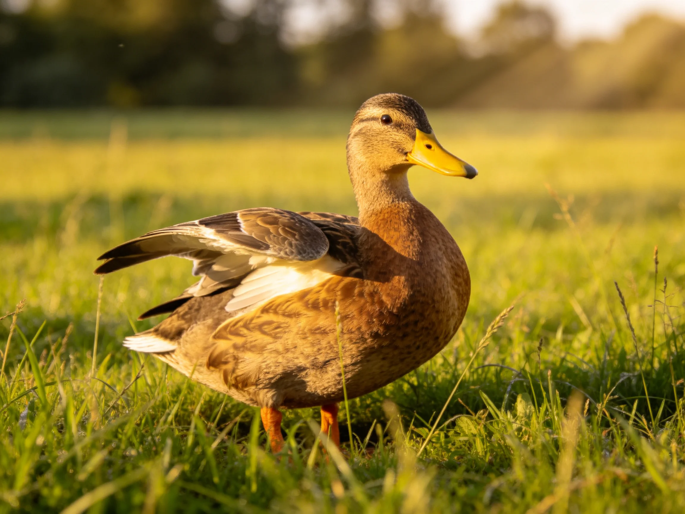 A brown duck with yellow beak on sunlit grassy field
